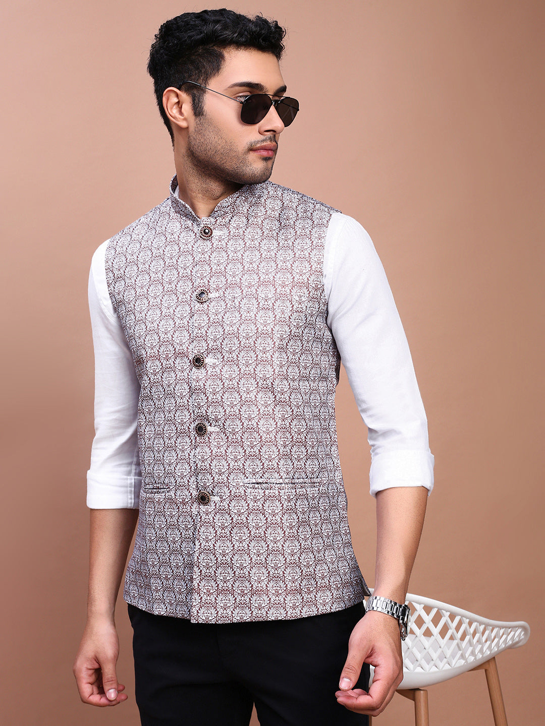 Men Printed Brown Slim Fit Nehru Jacket