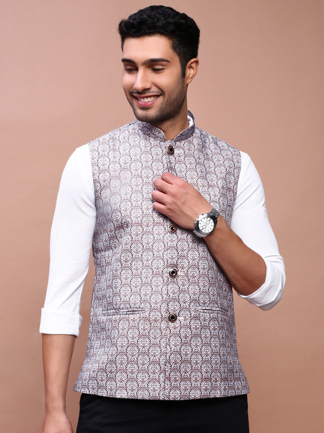 Men Printed Brown Slim Fit Nehru Jacket