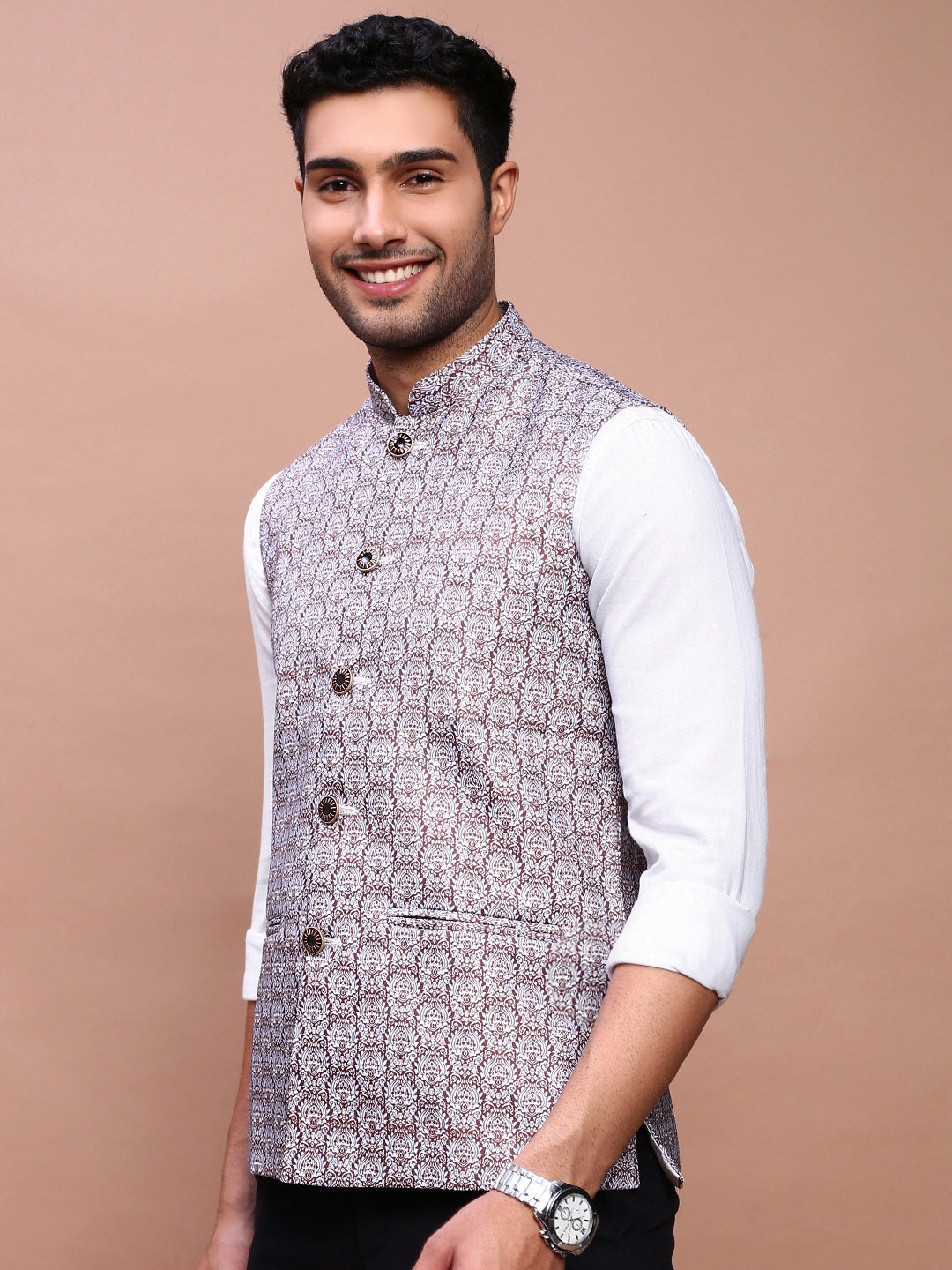 Men Printed Brown Slim Fit Nehru Jacket