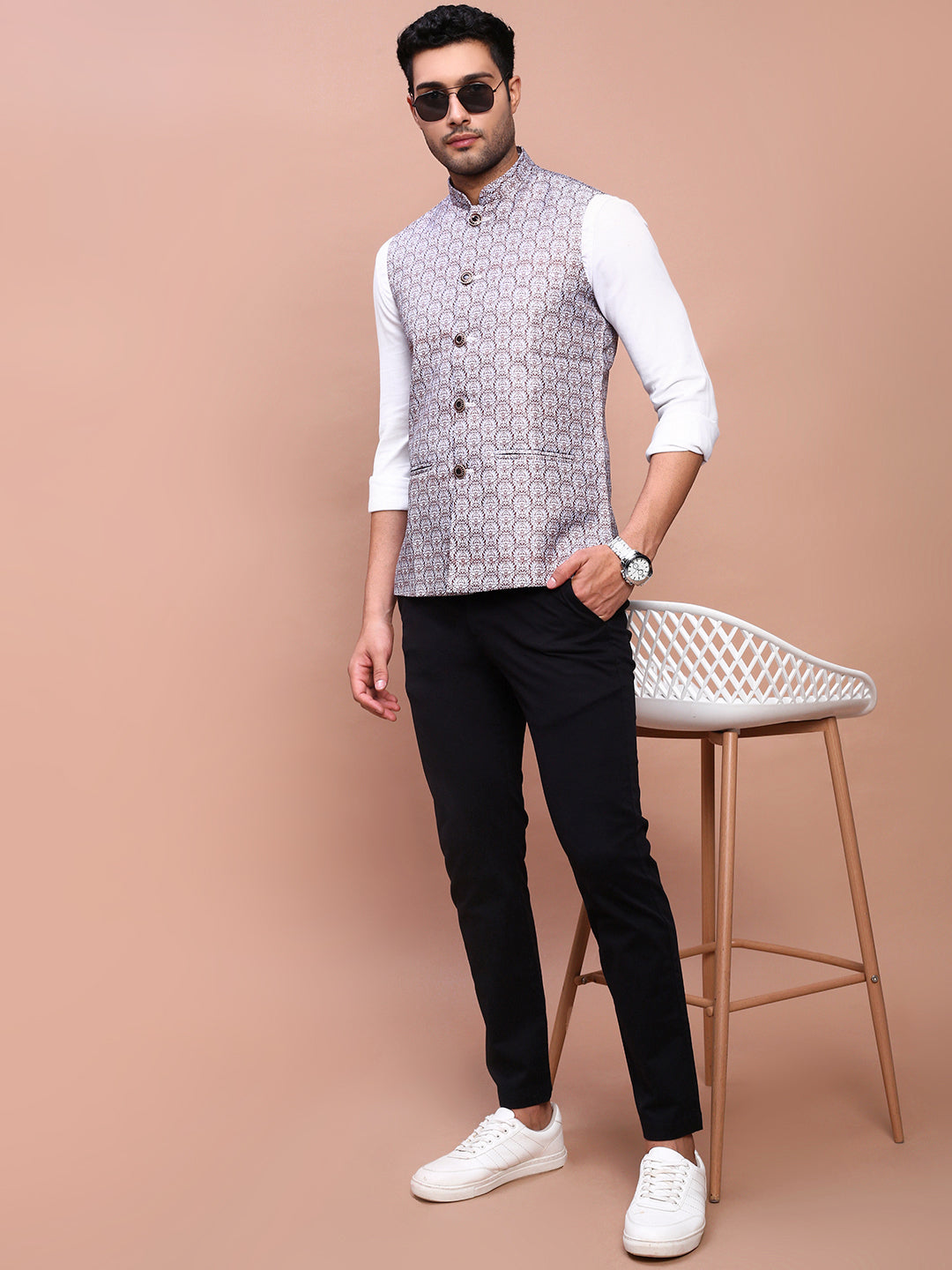 Men Printed Brown Slim Fit Nehru Jacket