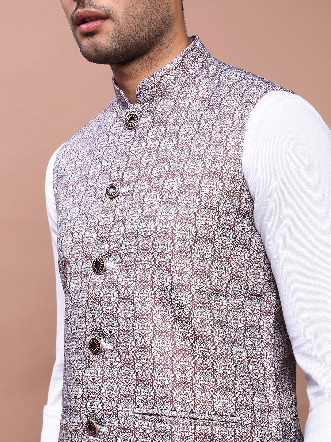 Men Printed Brown Slim Fit Nehru Jacket