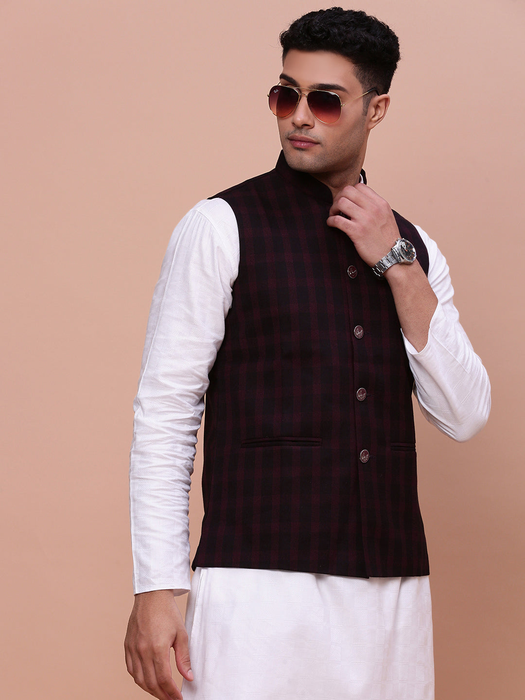 Men Checked Burgundy Slim Fit Nehru Jacket