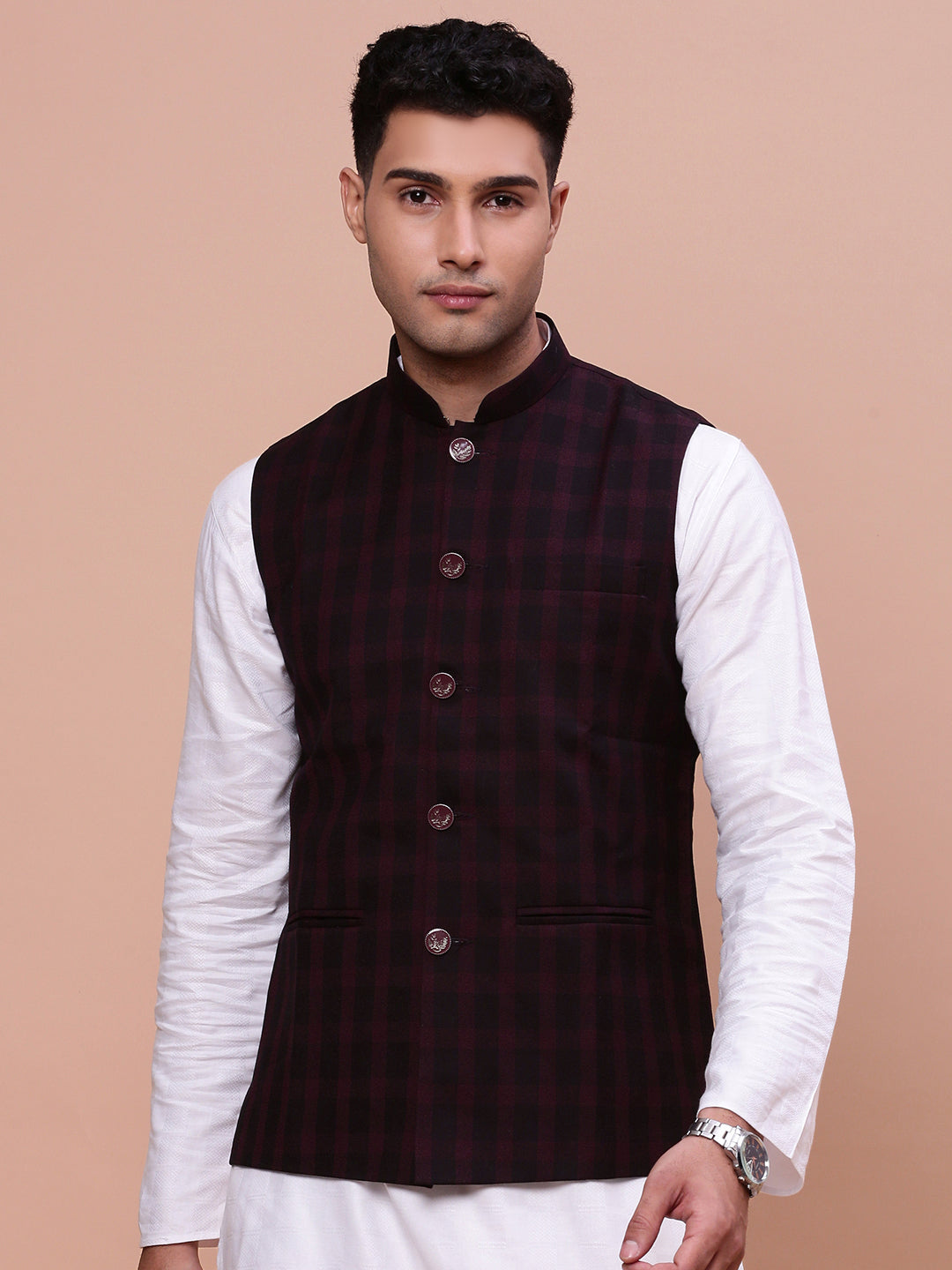 Men Checked Burgundy Slim Fit Nehru Jacket