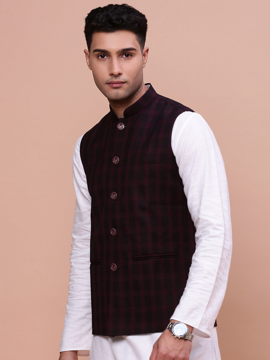 Men Checked Burgundy Slim Fit Nehru Jacket