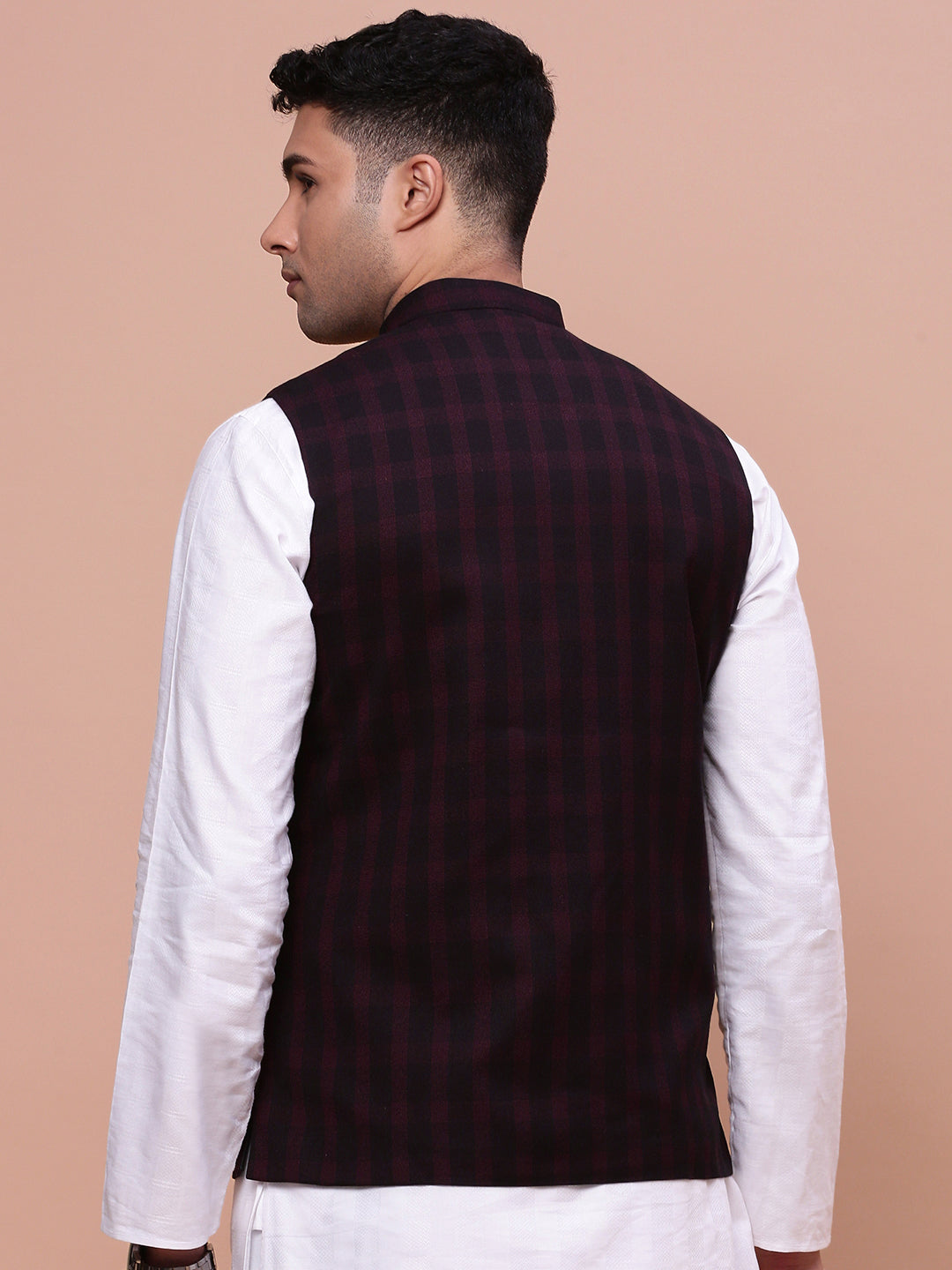 Men Checked Burgundy Slim Fit Nehru Jacket