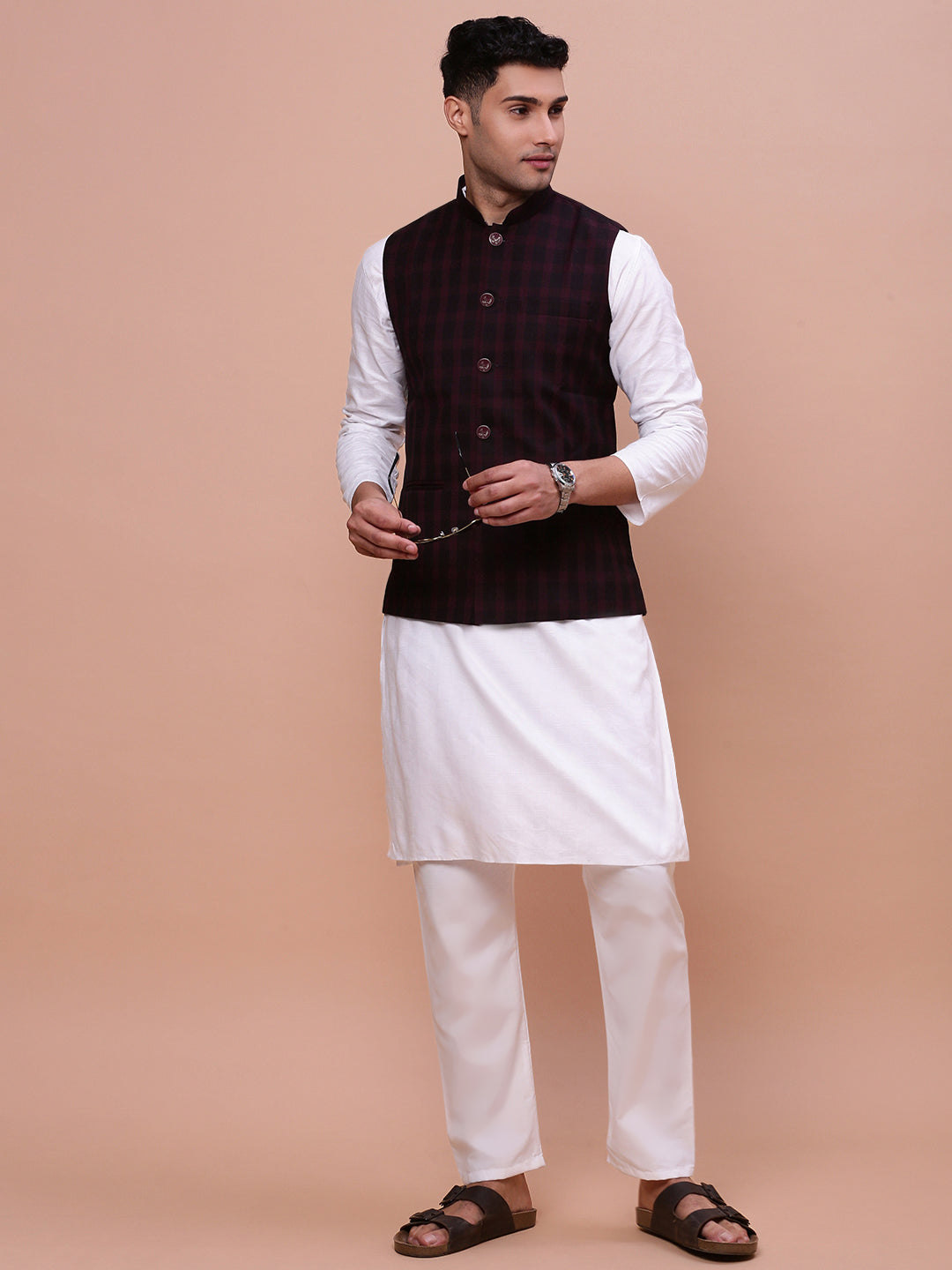 Men Checked Burgundy Slim Fit Nehru Jacket