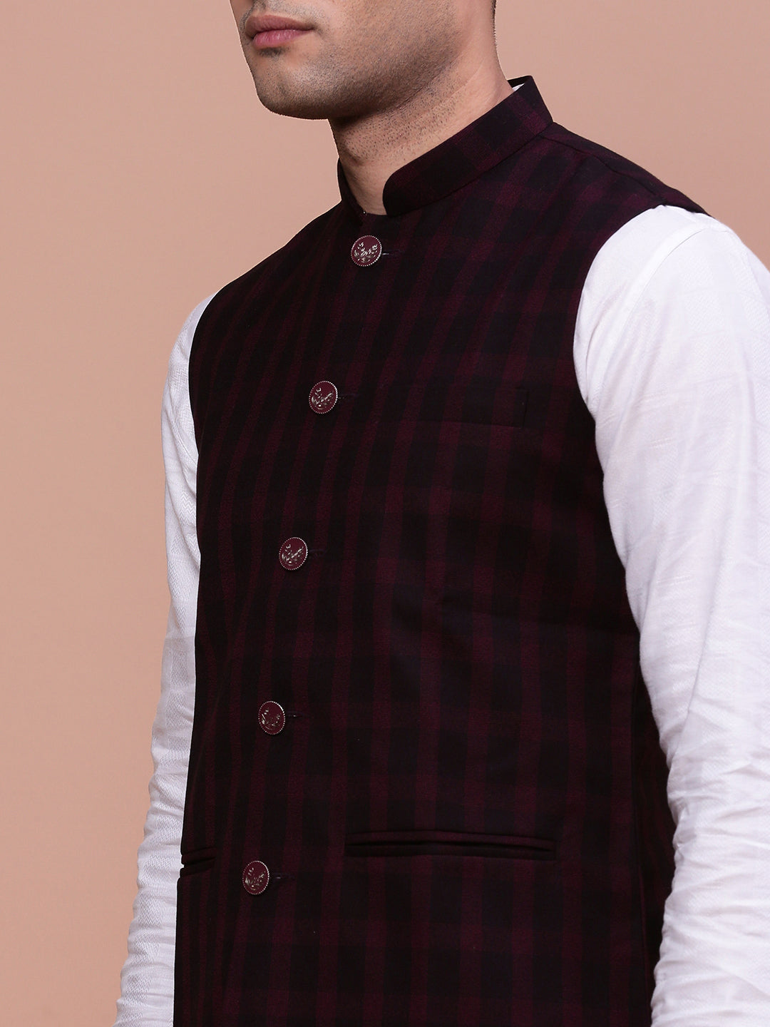 Men Checked Burgundy Slim Fit Nehru Jacket