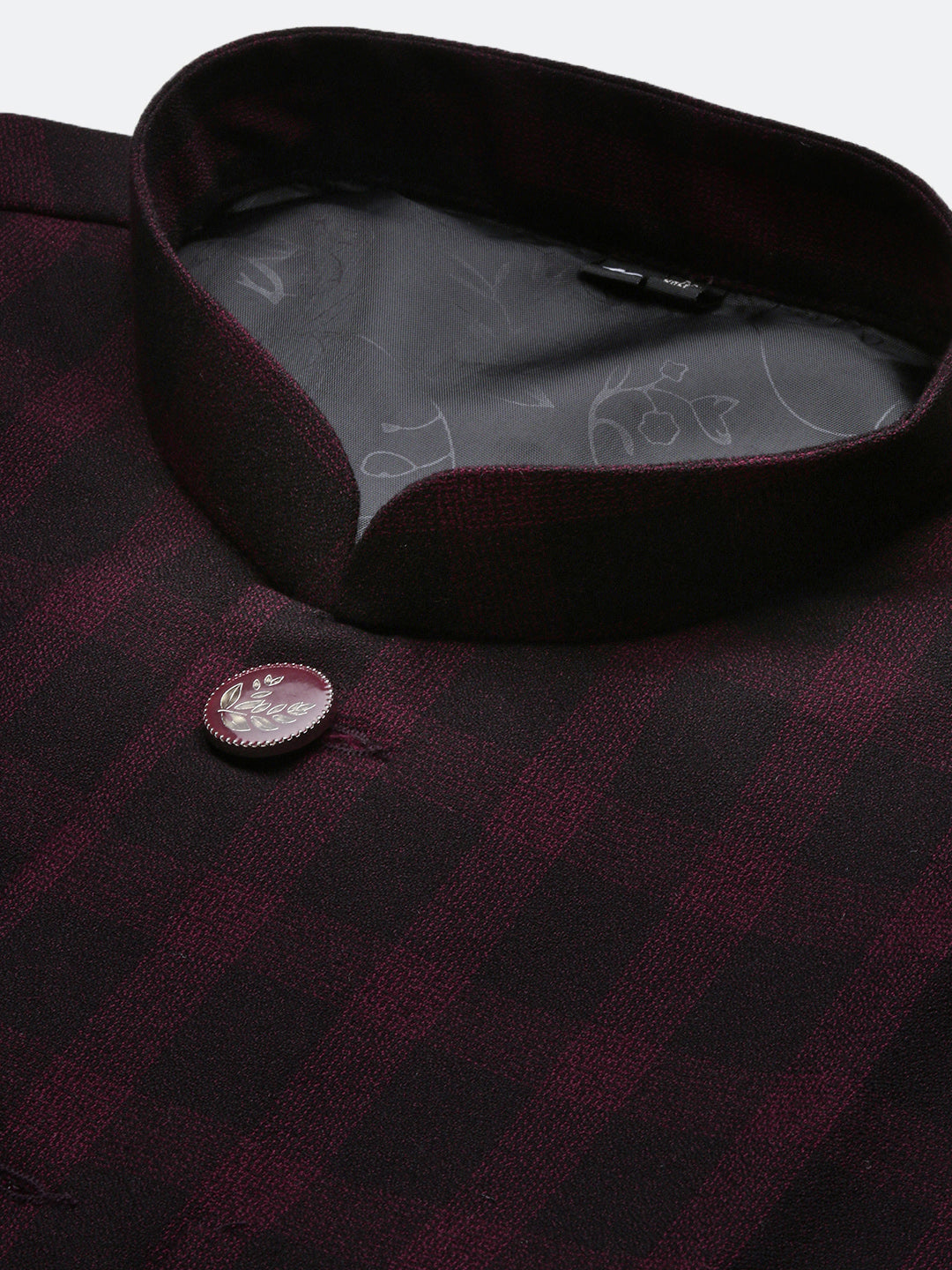 Men Checked Burgundy Slim Fit Nehru Jacket