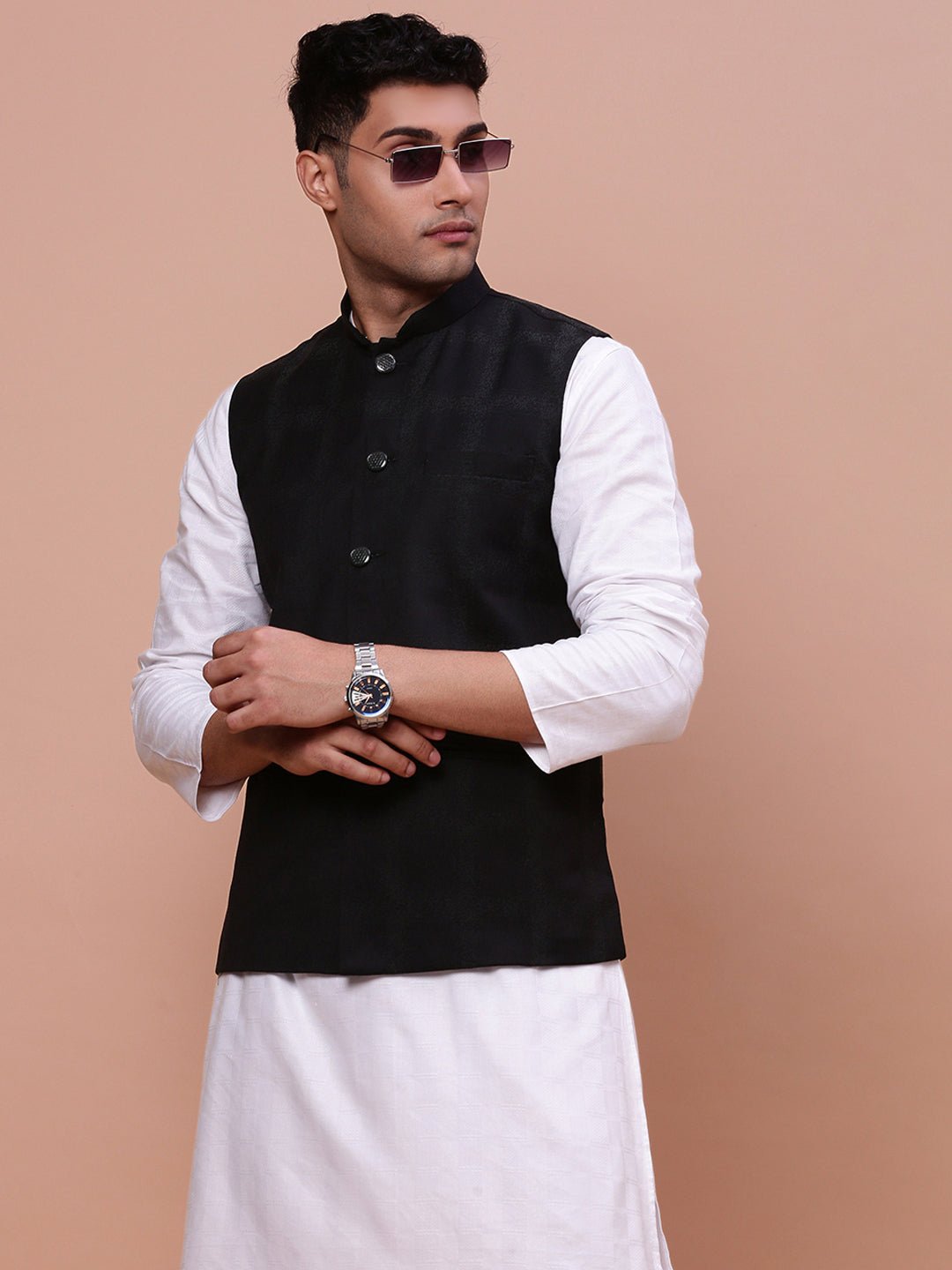 Men Printed Black Slim Fit Nehru Jacket