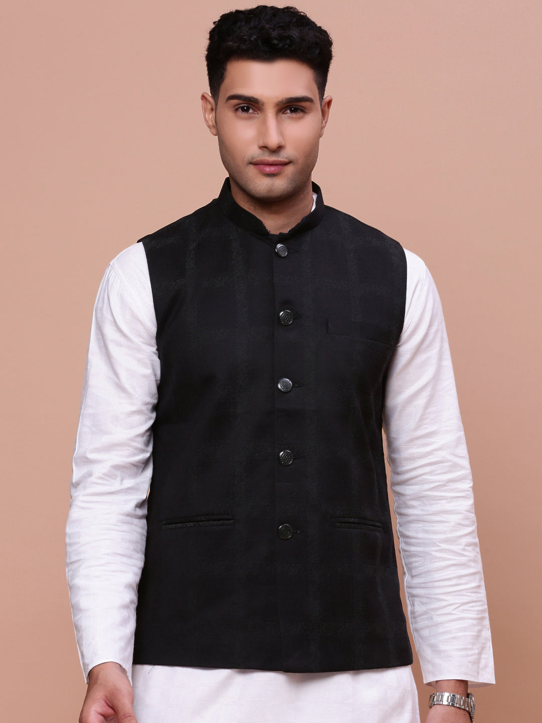 Men Printed Black Slim Fit Nehru Jacket