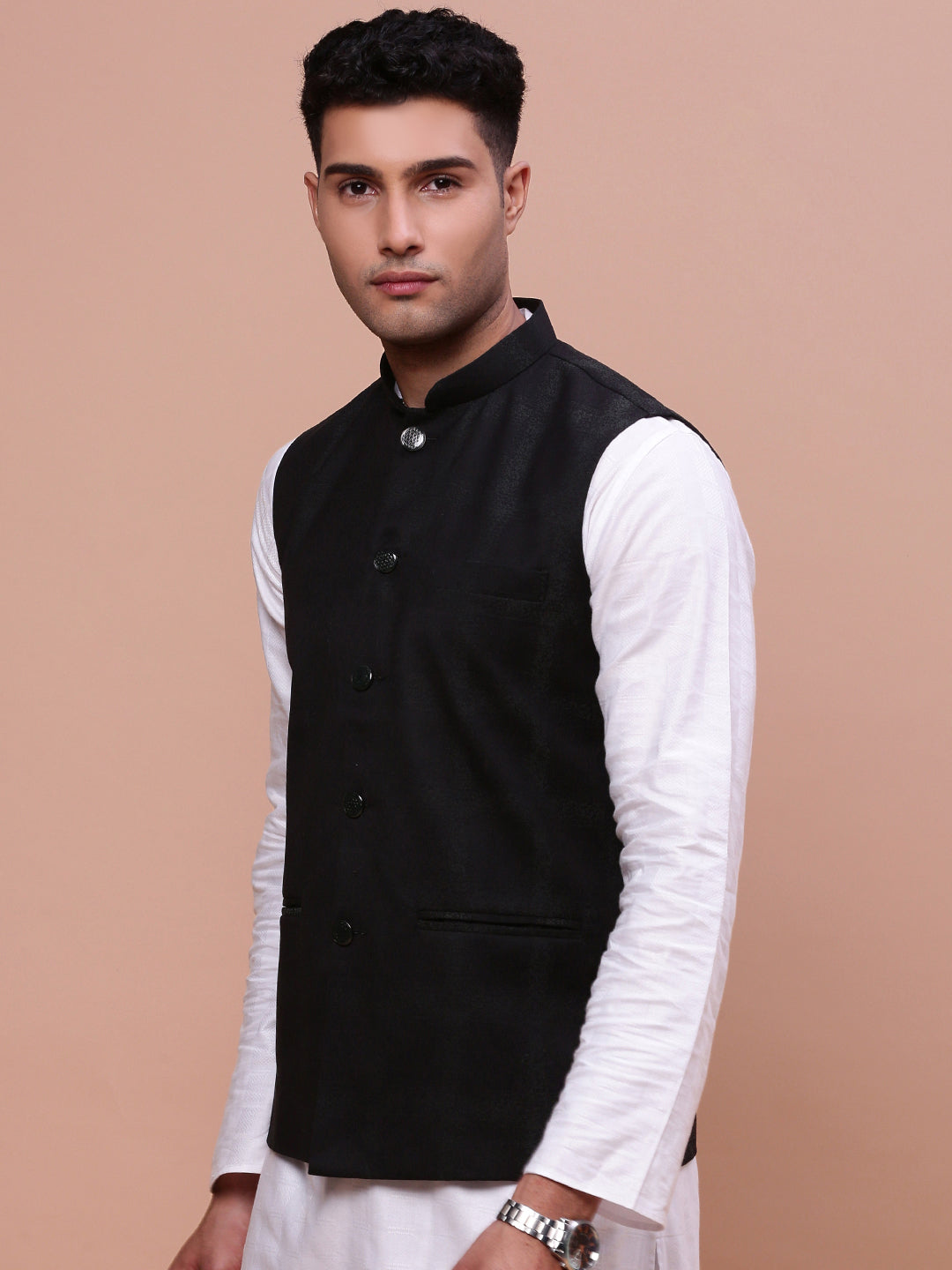 Men Printed Black Slim Fit Nehru Jacket