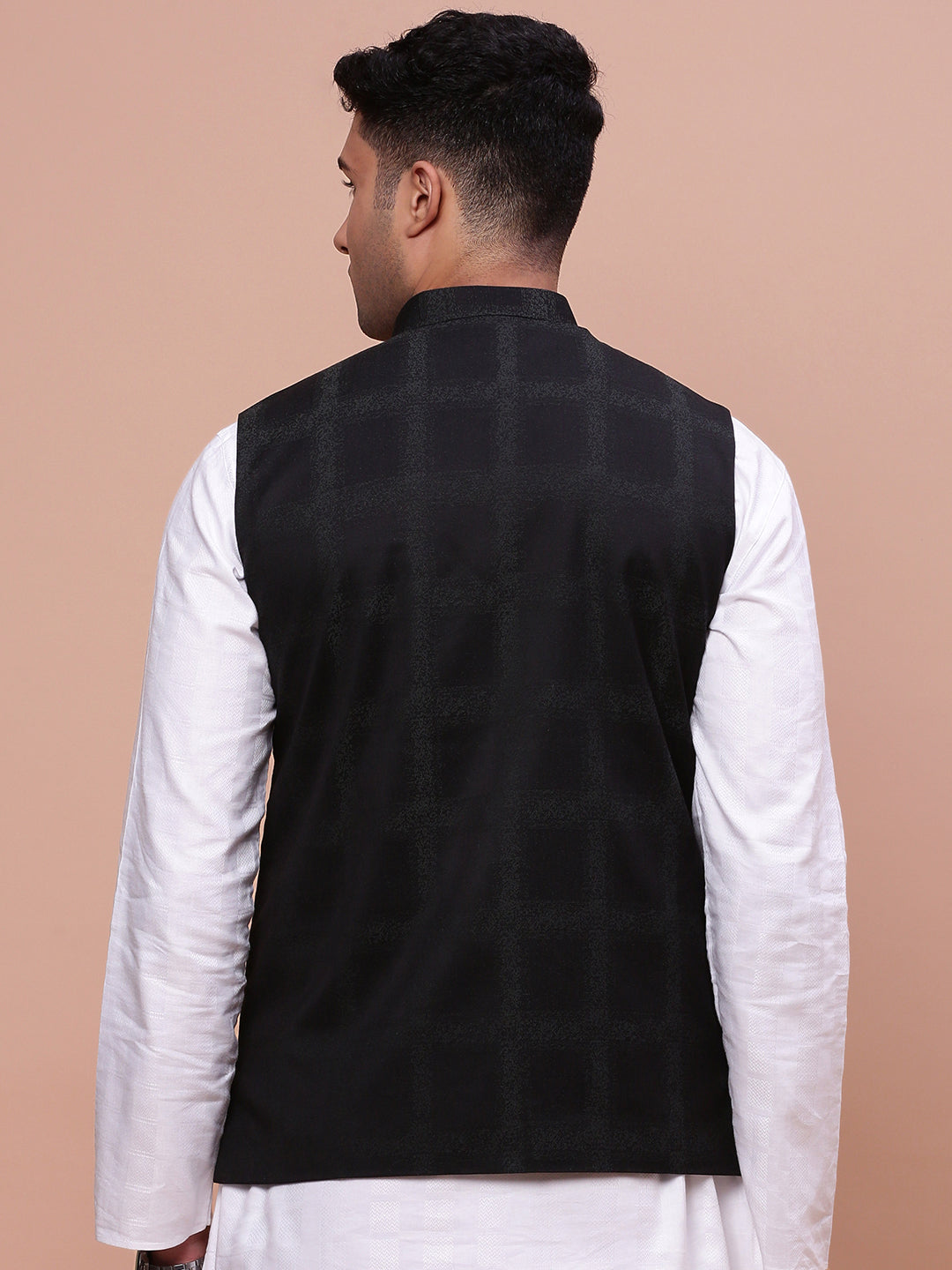 Men Printed Black Slim Fit Nehru Jacket