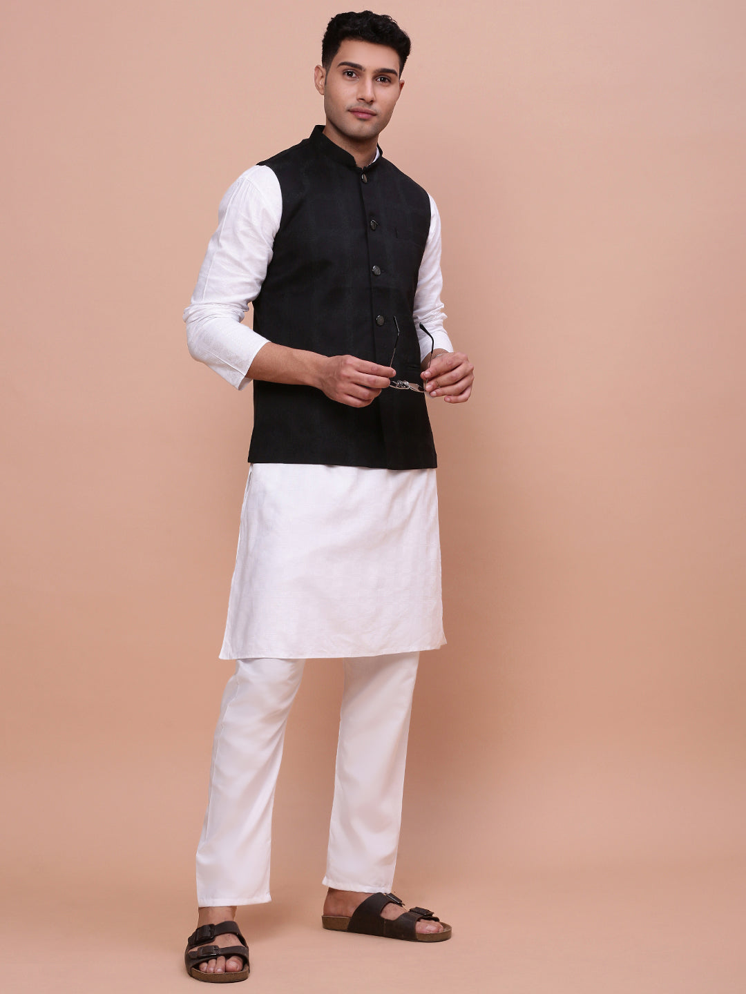 Men Printed Black Slim Fit Nehru Jacket