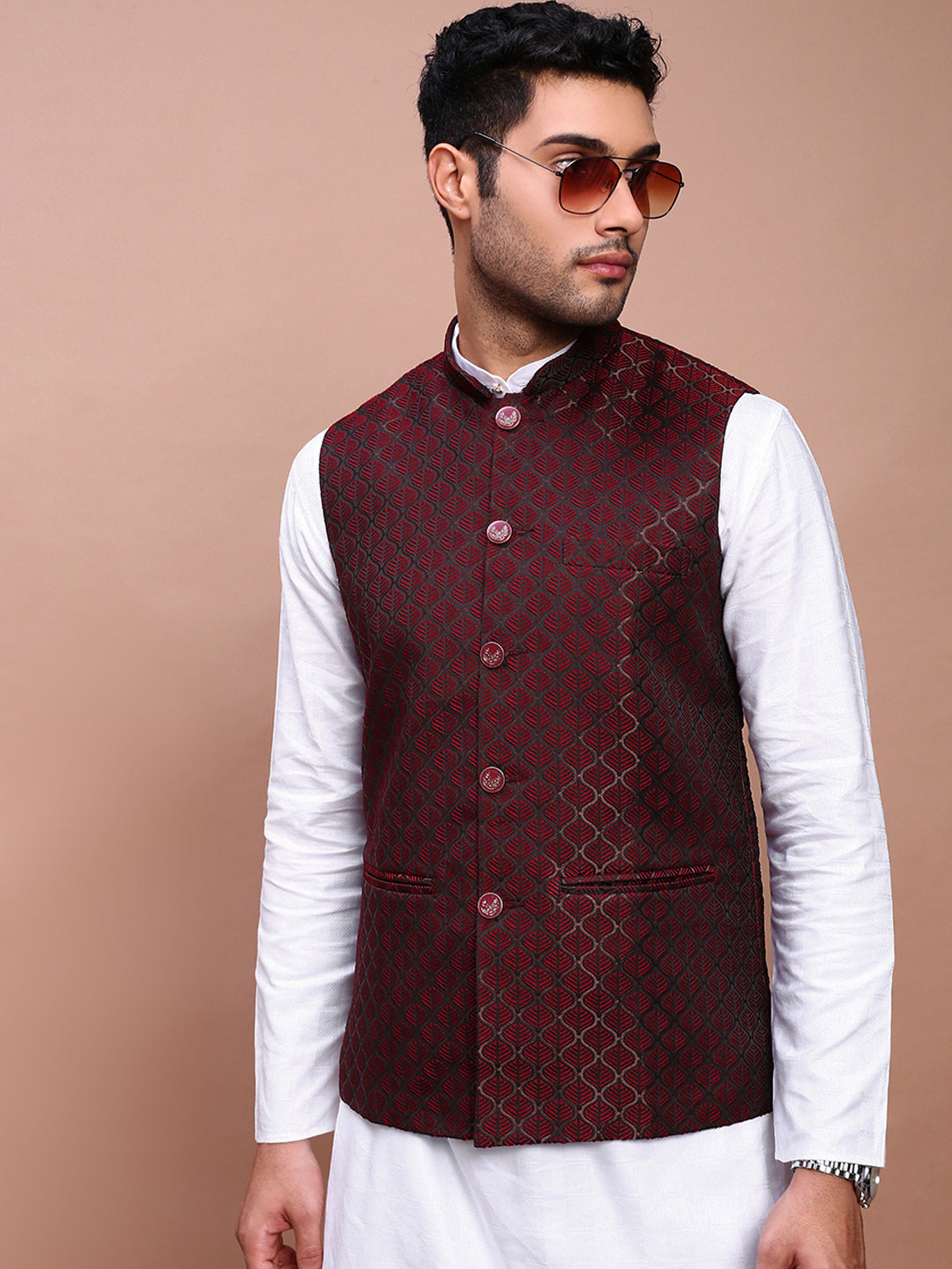 Men Woven Design Maroon Slim Fit Nehru Jacket