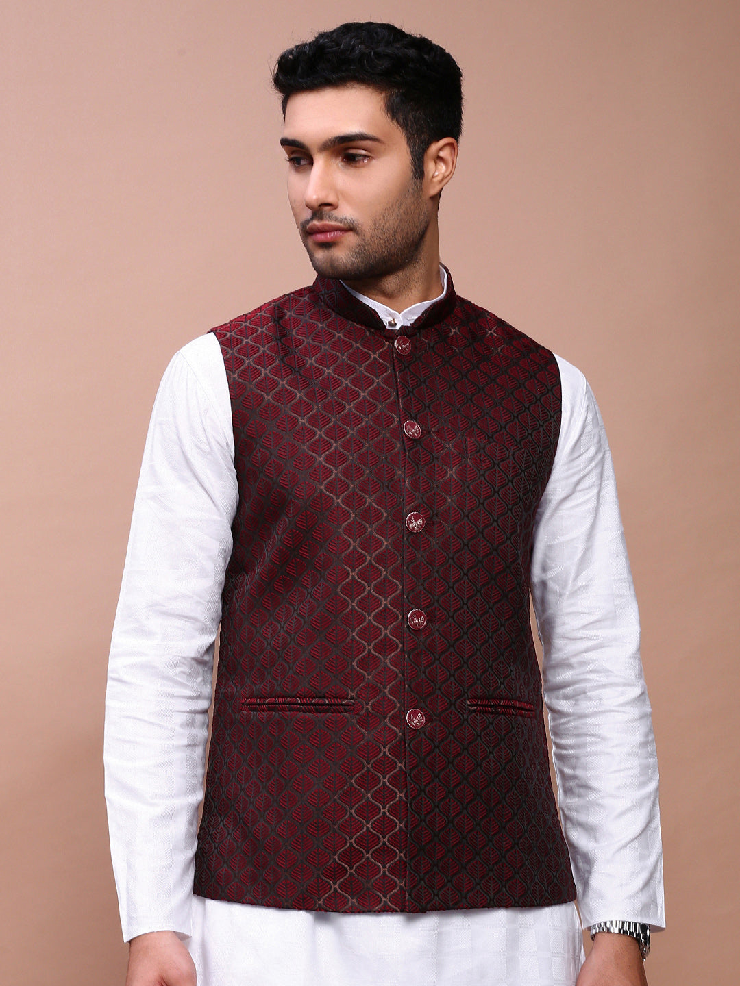 Men Woven Design Maroon Slim Fit Nehru Jacket