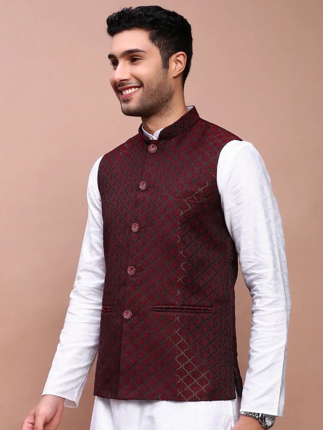 Men's Maroon Woven Design Slim Fit Nehru Jackets