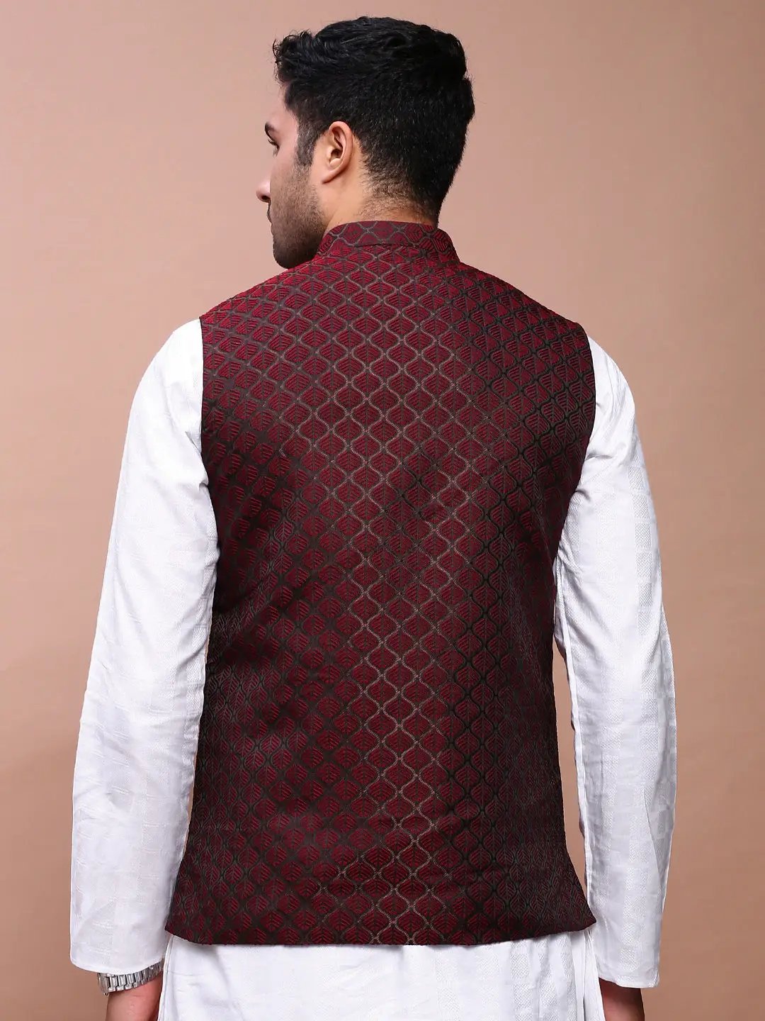 Men's Maroon Woven Design Slim Fit Nehru Jackets