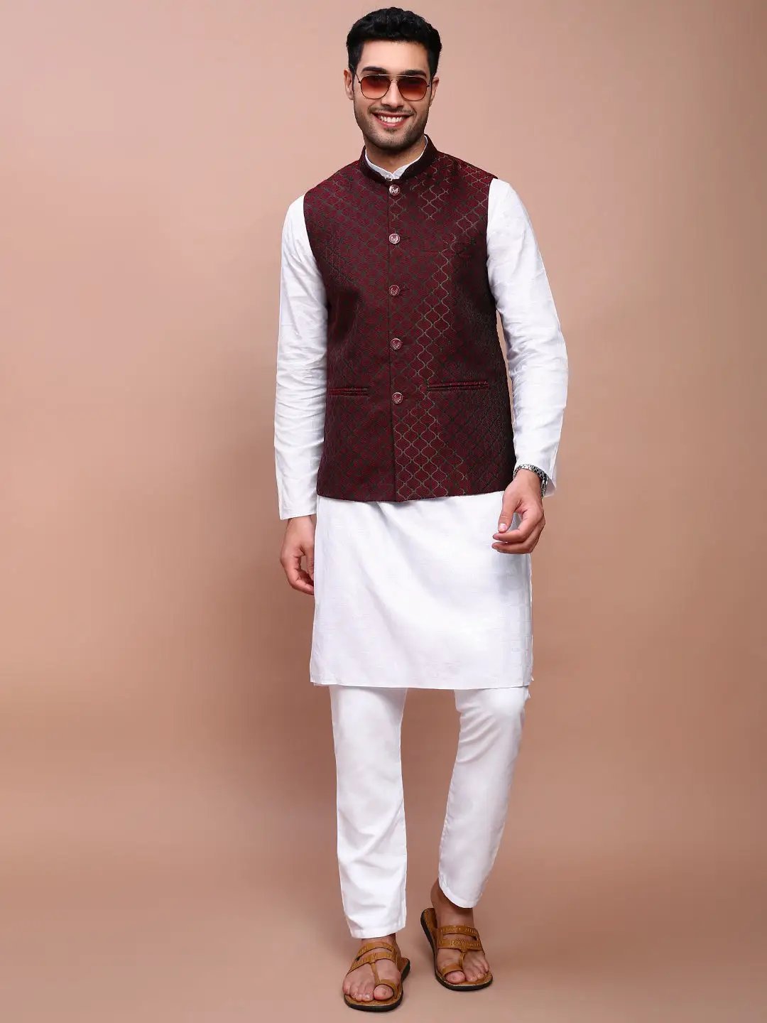 Men's Maroon Woven Design Slim Fit Nehru Jackets