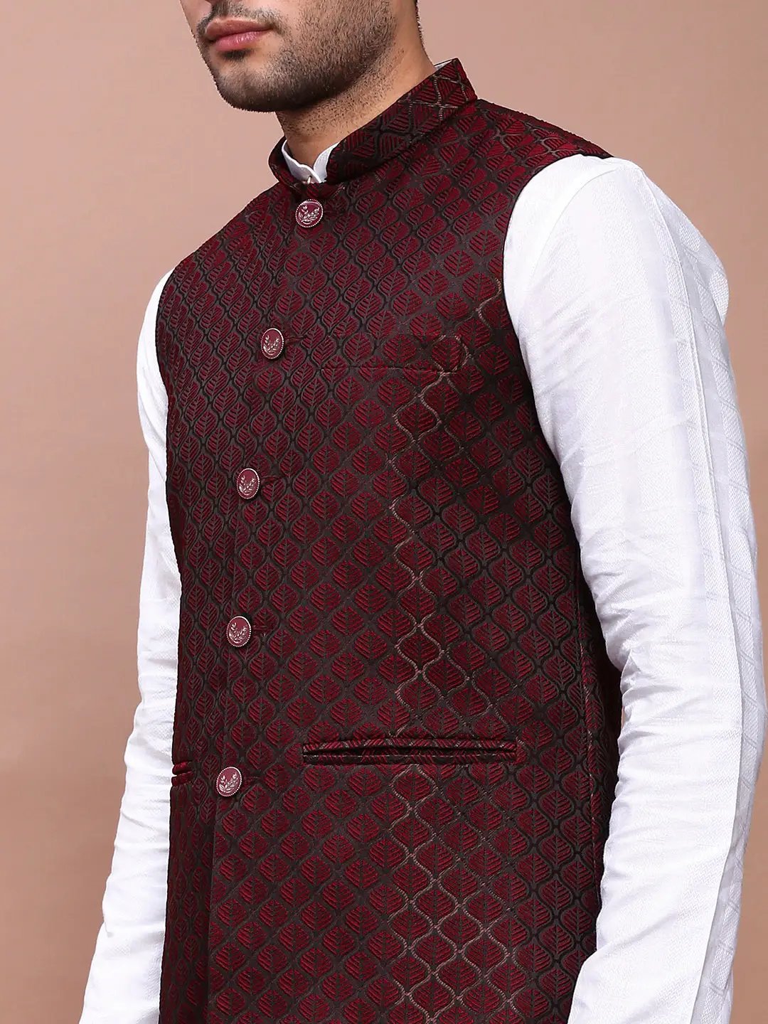 Men's Maroon Woven Design Slim Fit Nehru Jackets