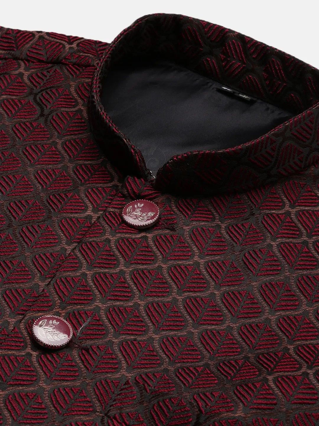 Men's Maroon Woven Design Slim Fit Nehru Jackets