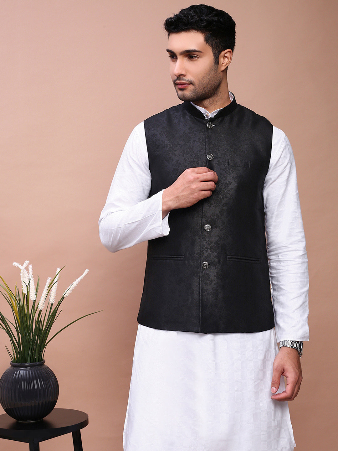 Men Woven Design Black Slim Fit Nehru Jacket