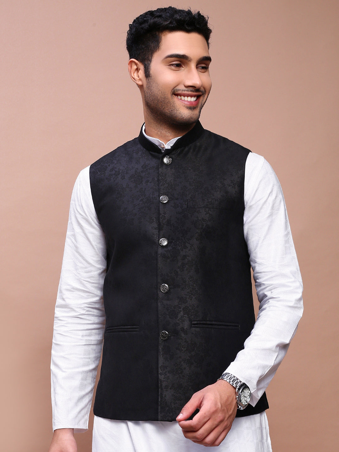 Men Woven Design Black Slim Fit Nehru Jacket