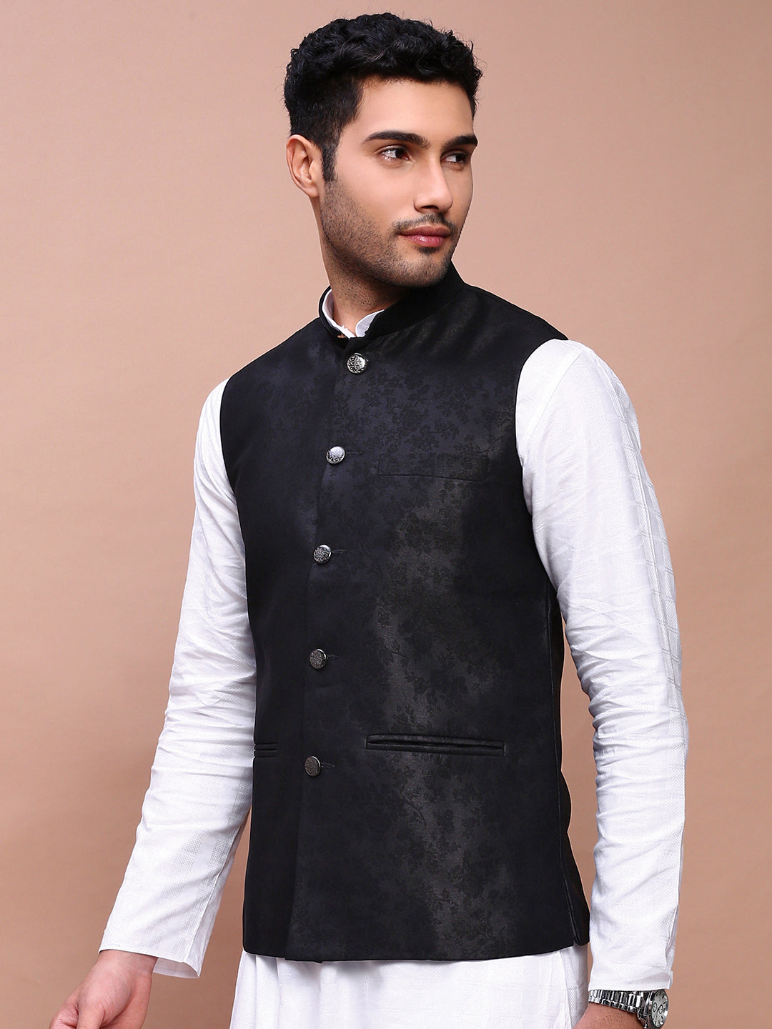 Men Woven Design Black Slim Fit Nehru Jacket