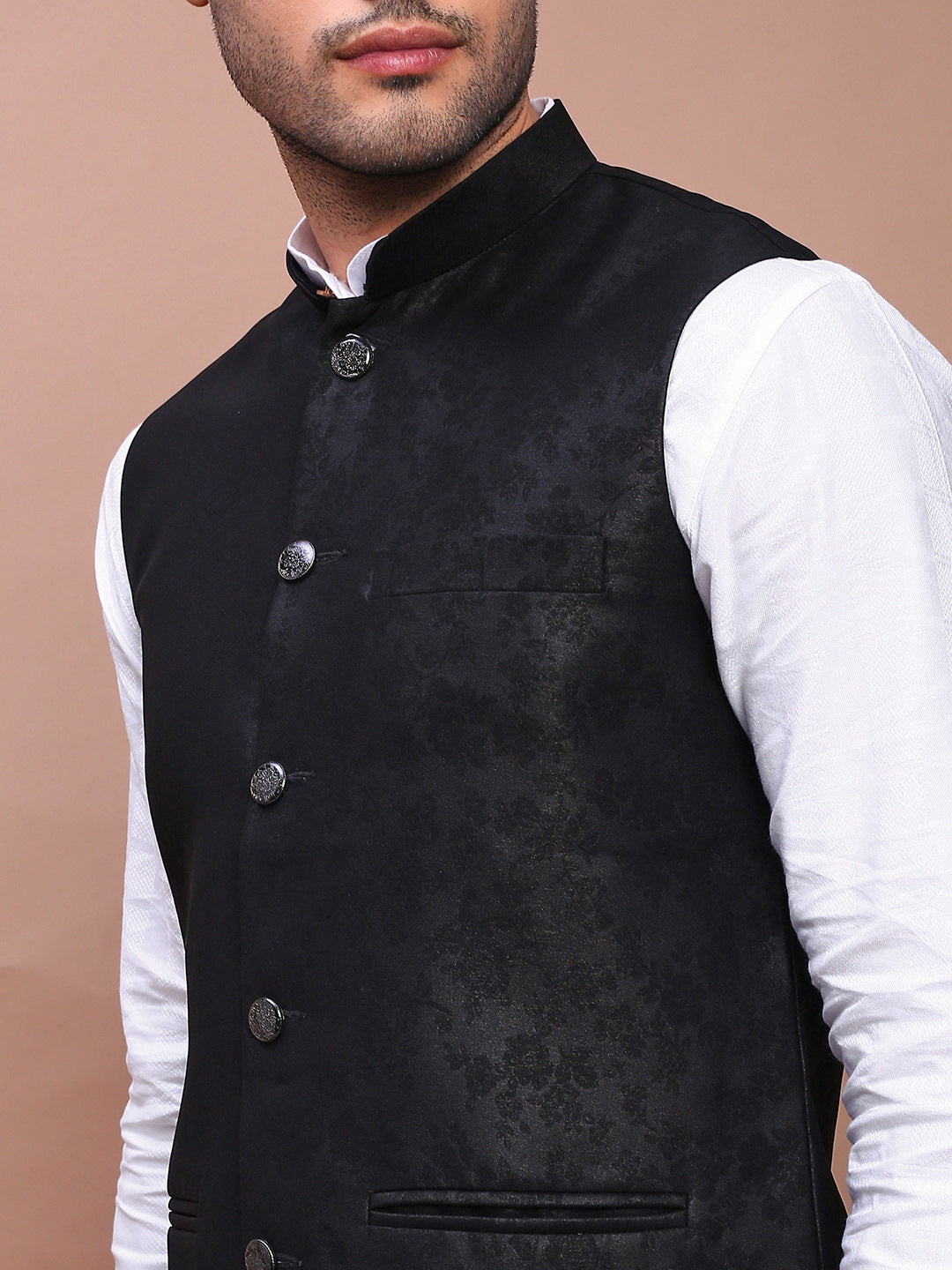 Men Woven Design Black Slim Fit Nehru Jacket