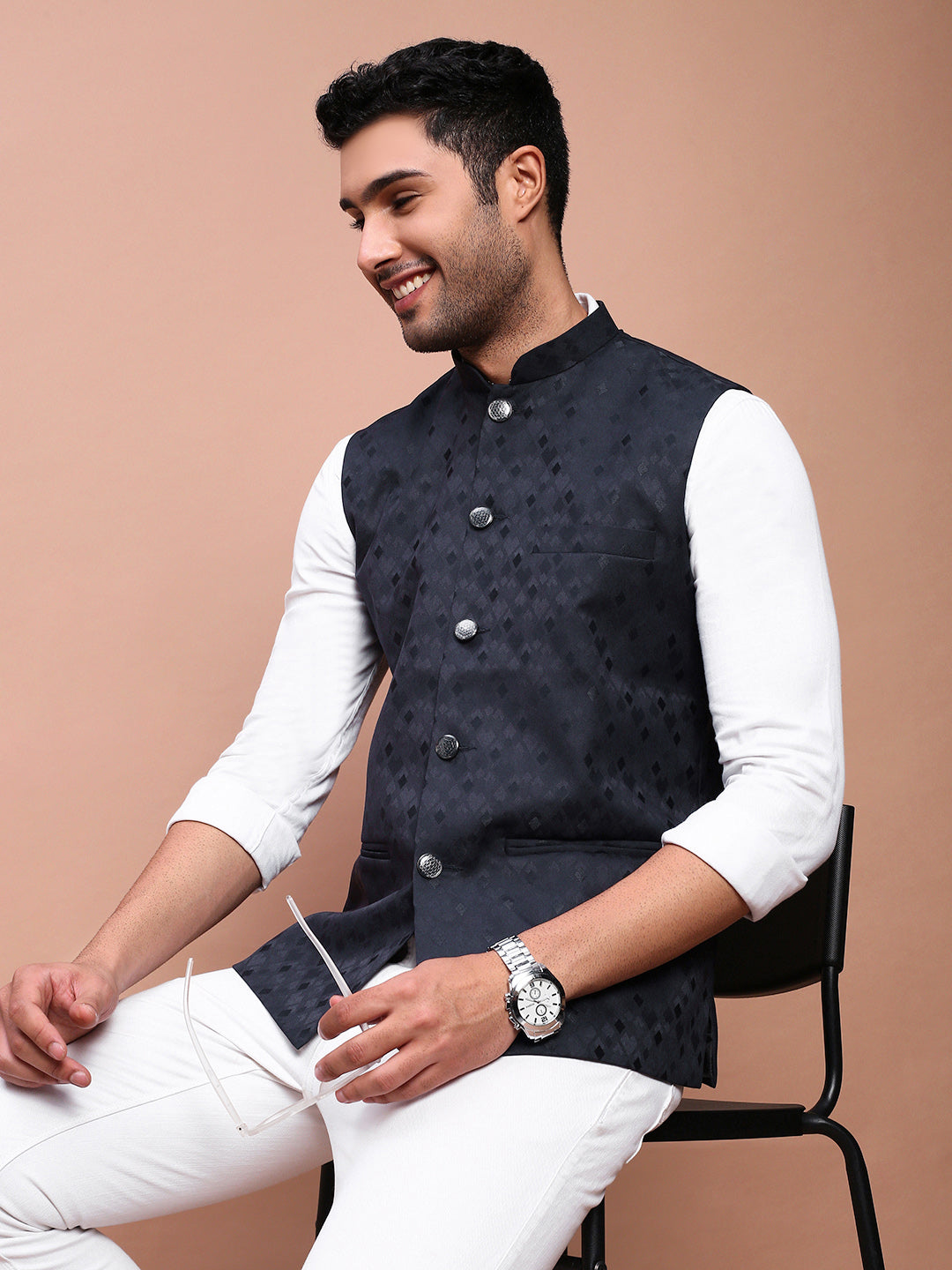 Men Woven Design Navy Blue Slim Fit Nehru Jacket