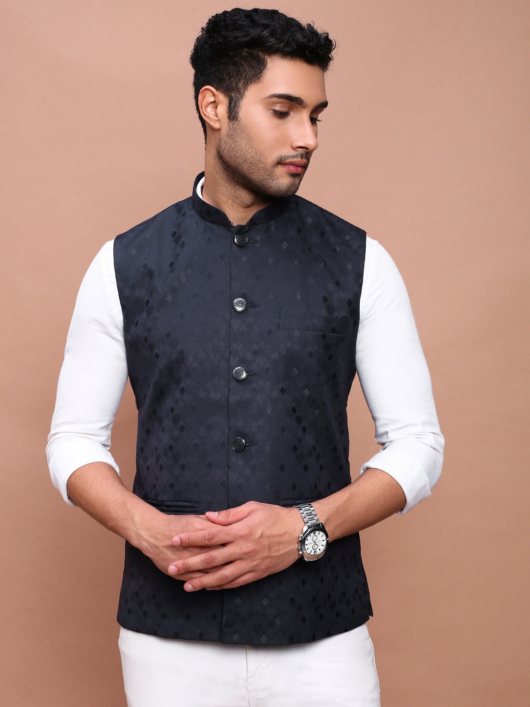 Men Woven Design Navy Blue Slim Fit Nehru Jacket