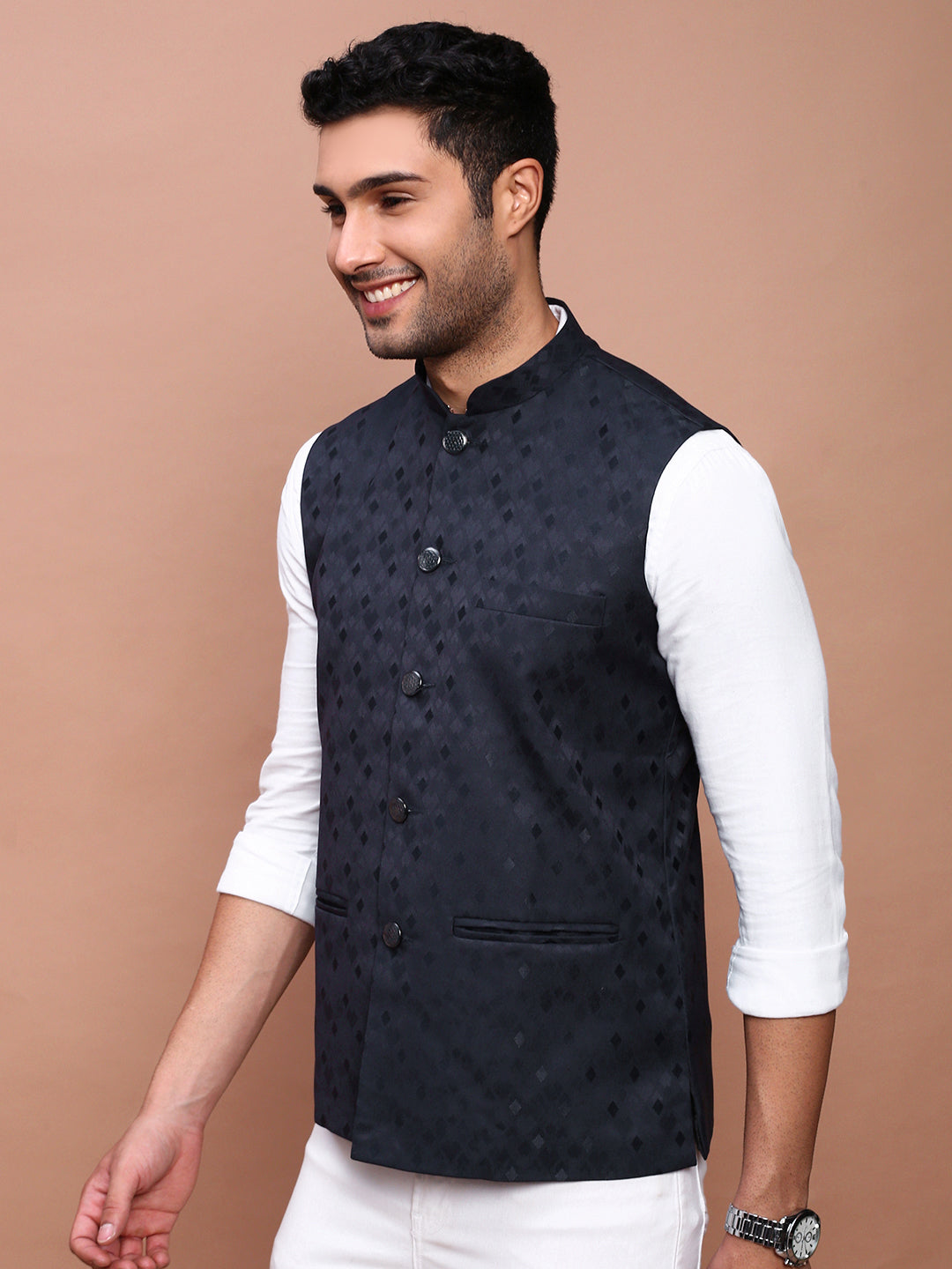 Men Woven Design Navy Blue Slim Fit Nehru Jacket