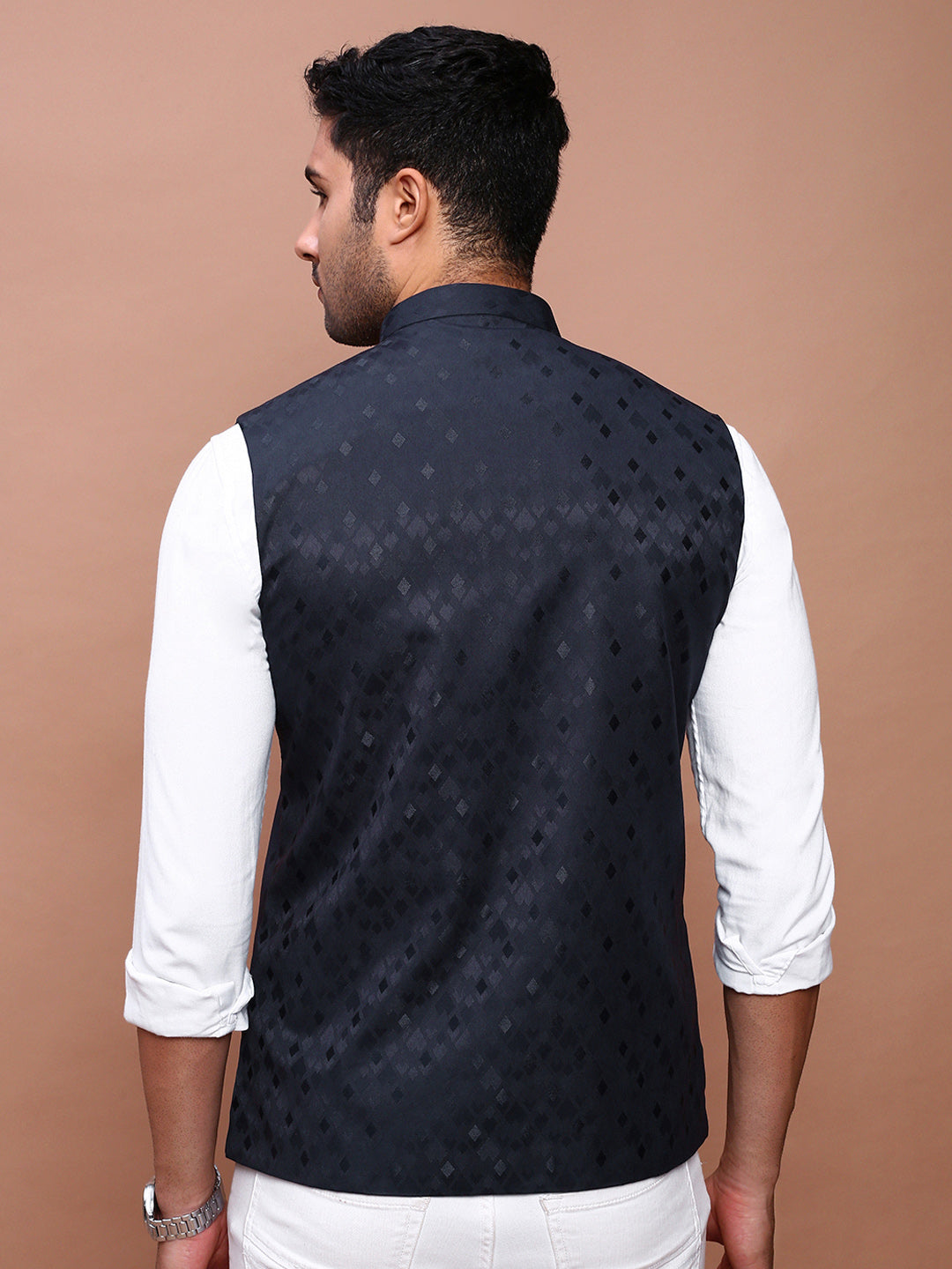 Men Woven Design Navy Blue Slim Fit Nehru Jacket