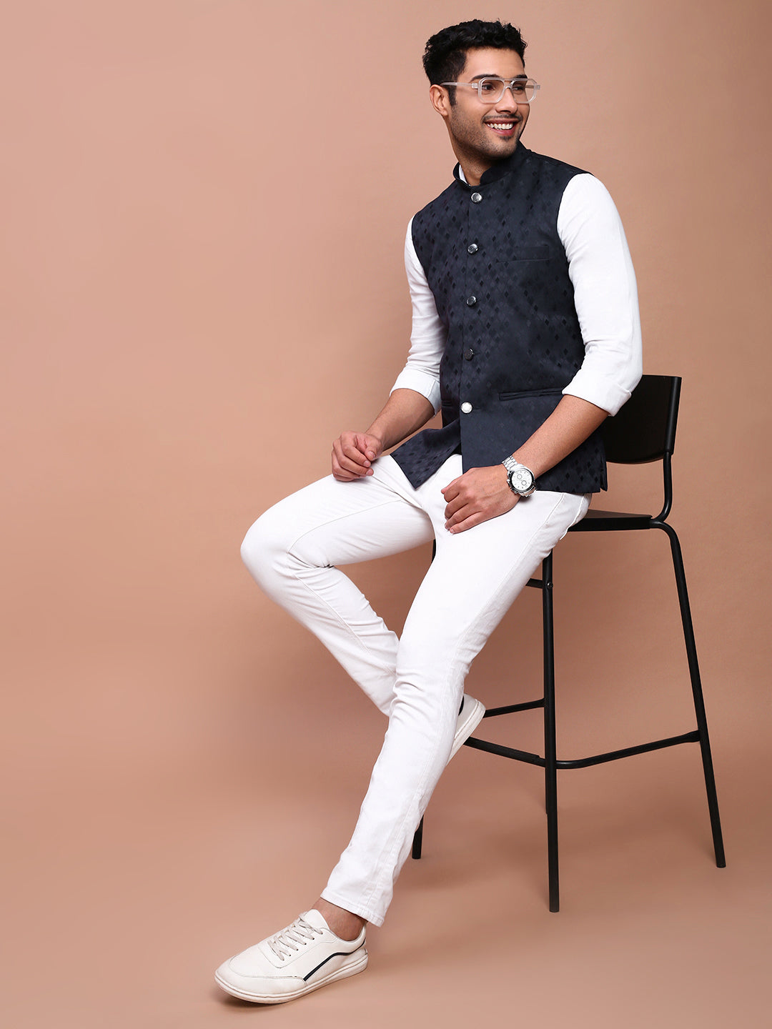 Men Woven Design Navy Blue Slim Fit Nehru Jacket