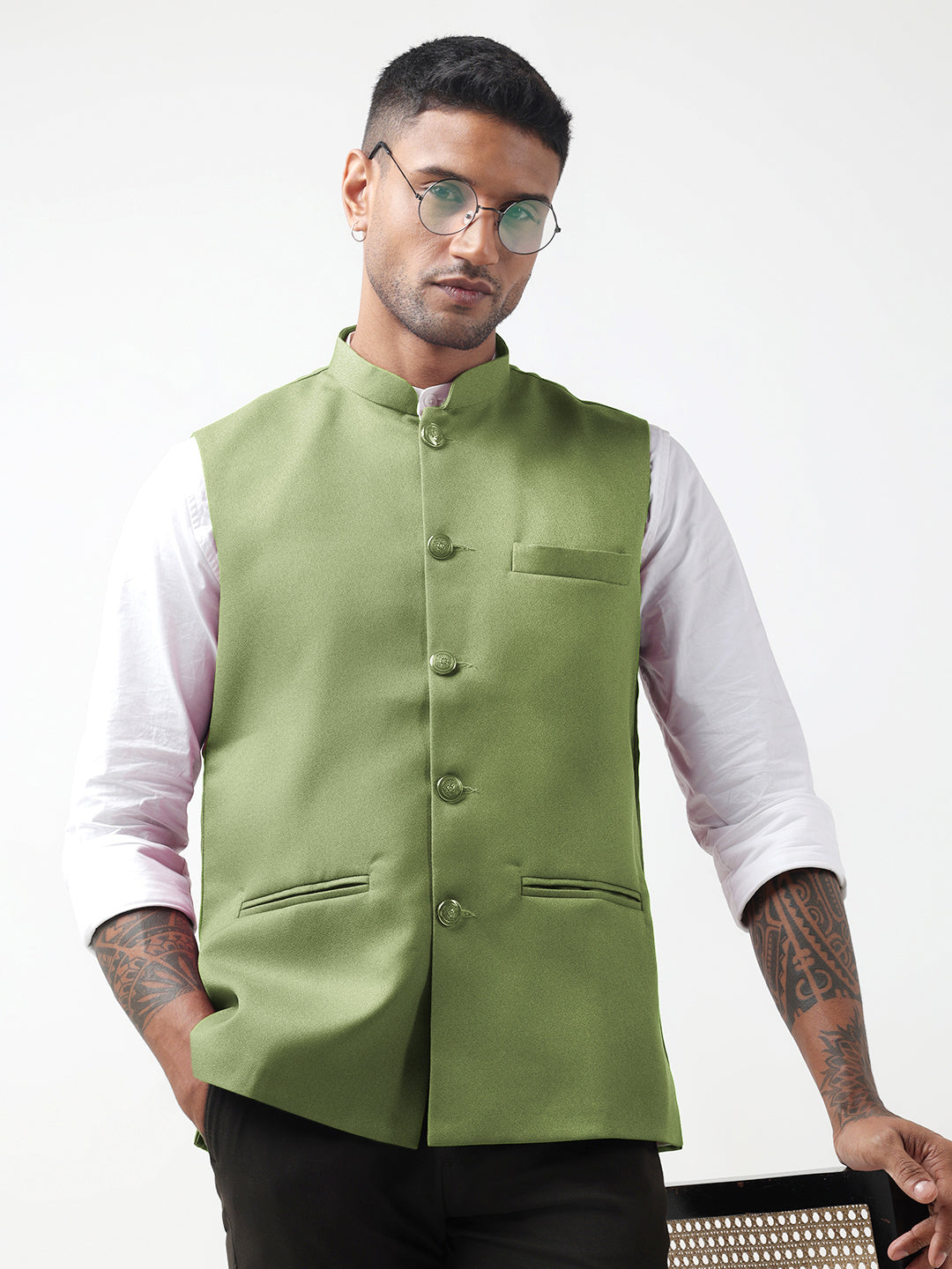 Men's Solid Green Nehru Jacket