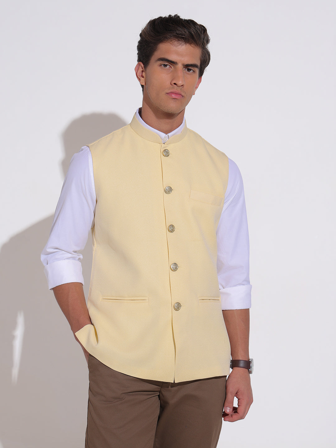 Men's Solid Yellow Nehru Jacket