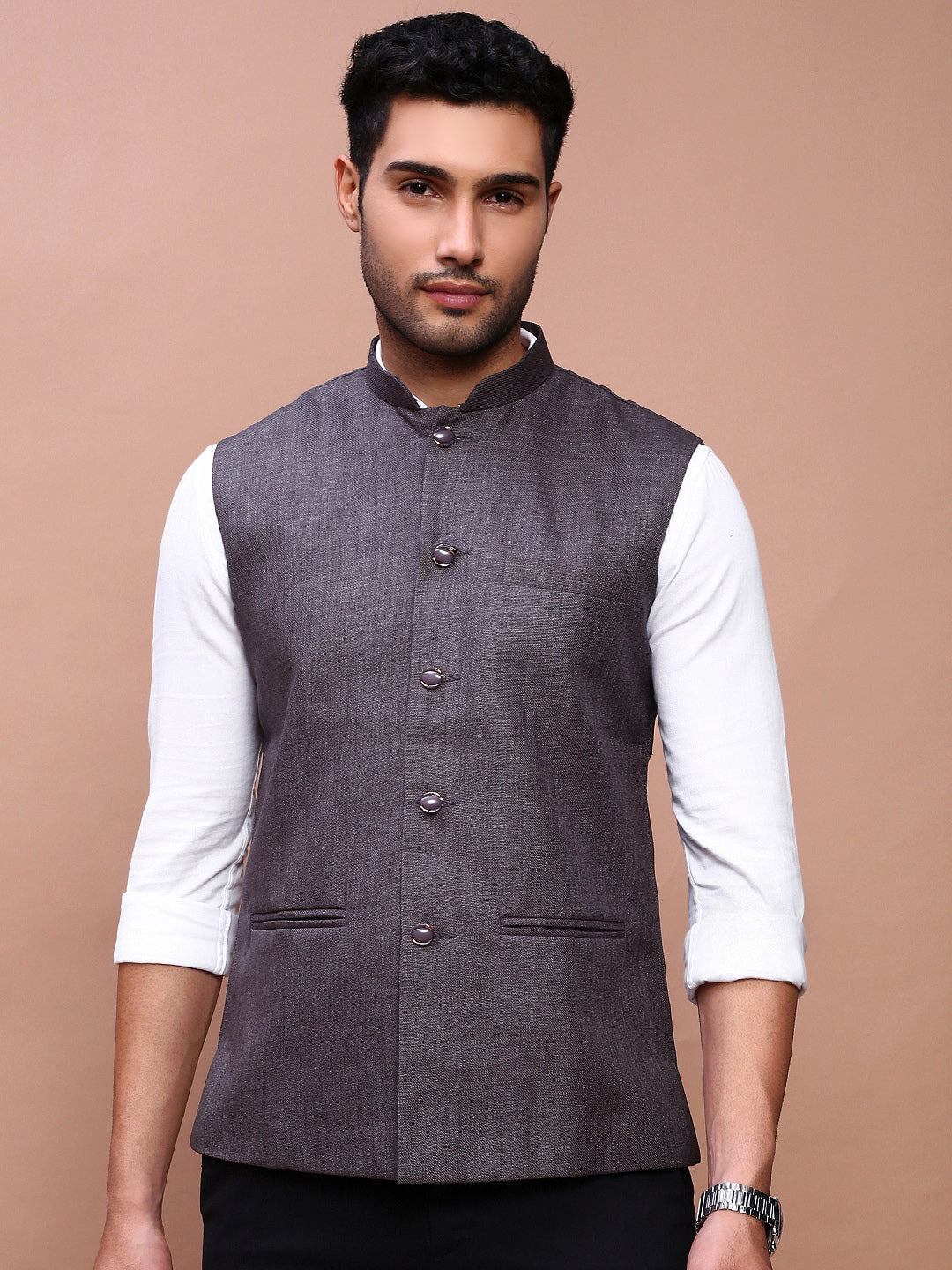 Men Solid Charcoal Slim Fit Nehru Jacket