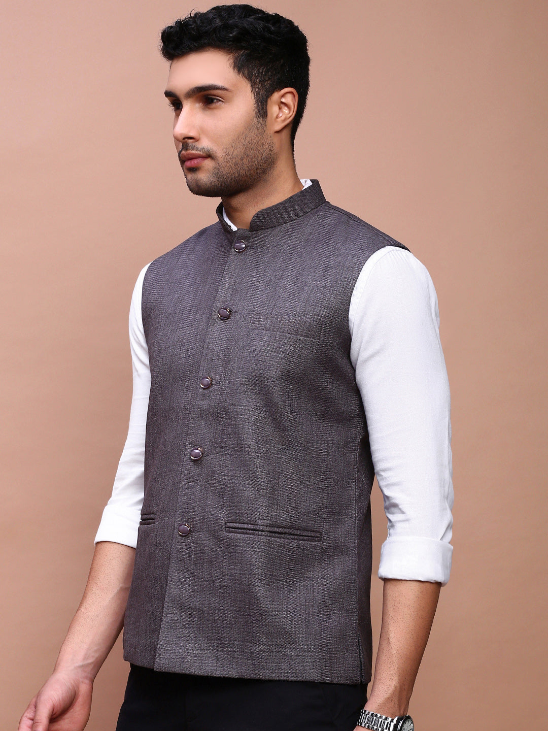 Men Solid Charcoal Slim Fit Nehru Jacket