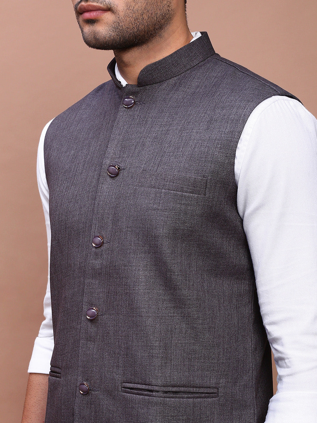 Men Solid Charcoal Slim Fit Nehru Jacket