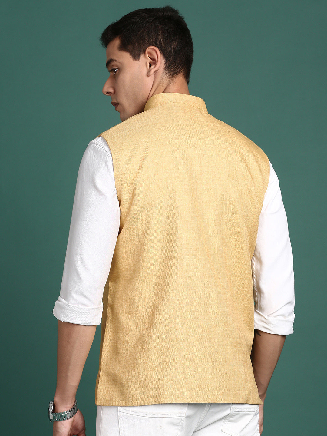 Men Solid Beige Slim Fit Nehru Jacket