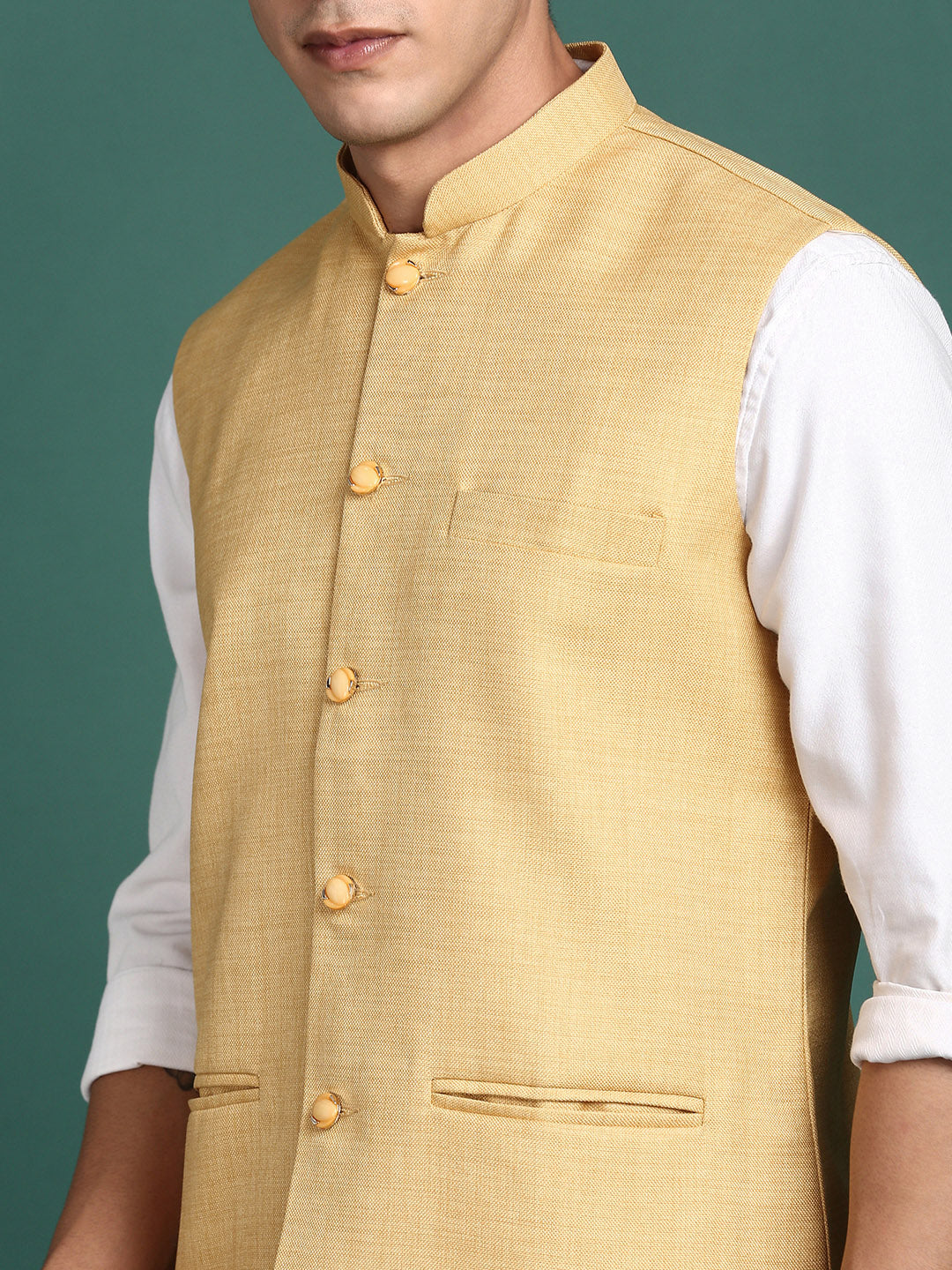 Men Solid Beige Slim Fit Nehru Jacket