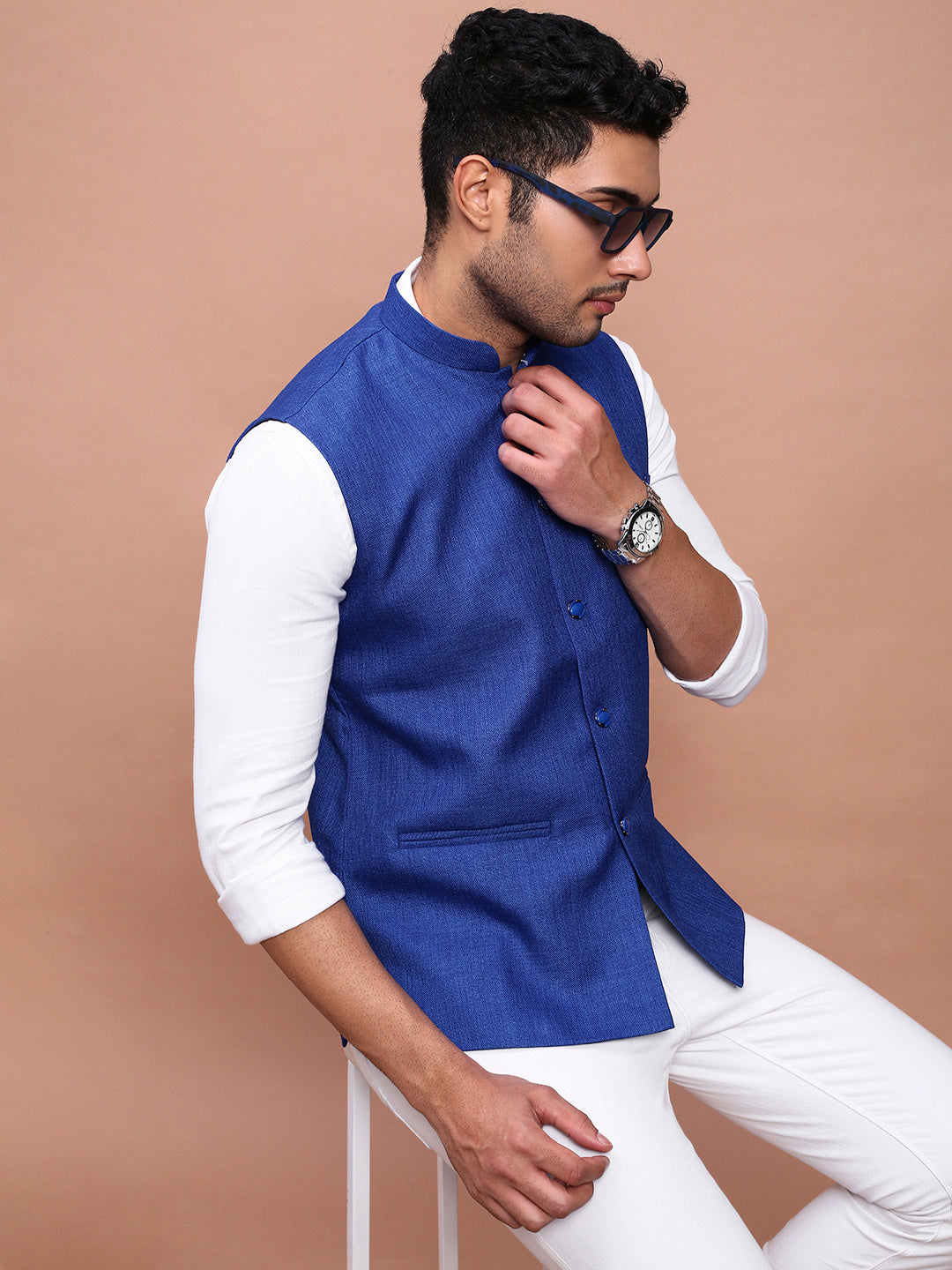 Men Solid Blue Slim Fit Nehru Jacket