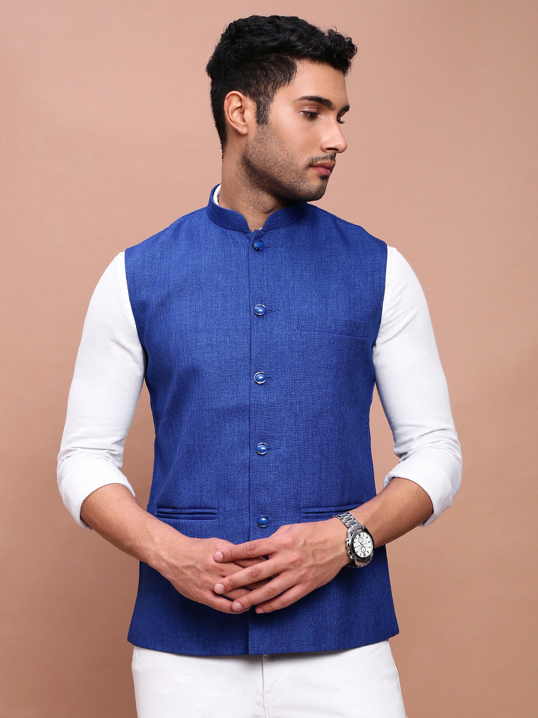 Men Solid Blue Slim Fit Nehru Jacket