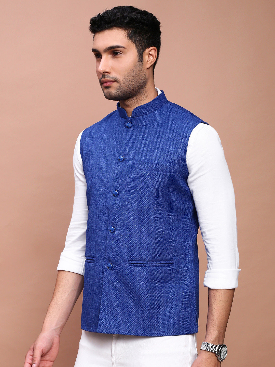 Men Solid Blue Slim Fit Nehru Jacket