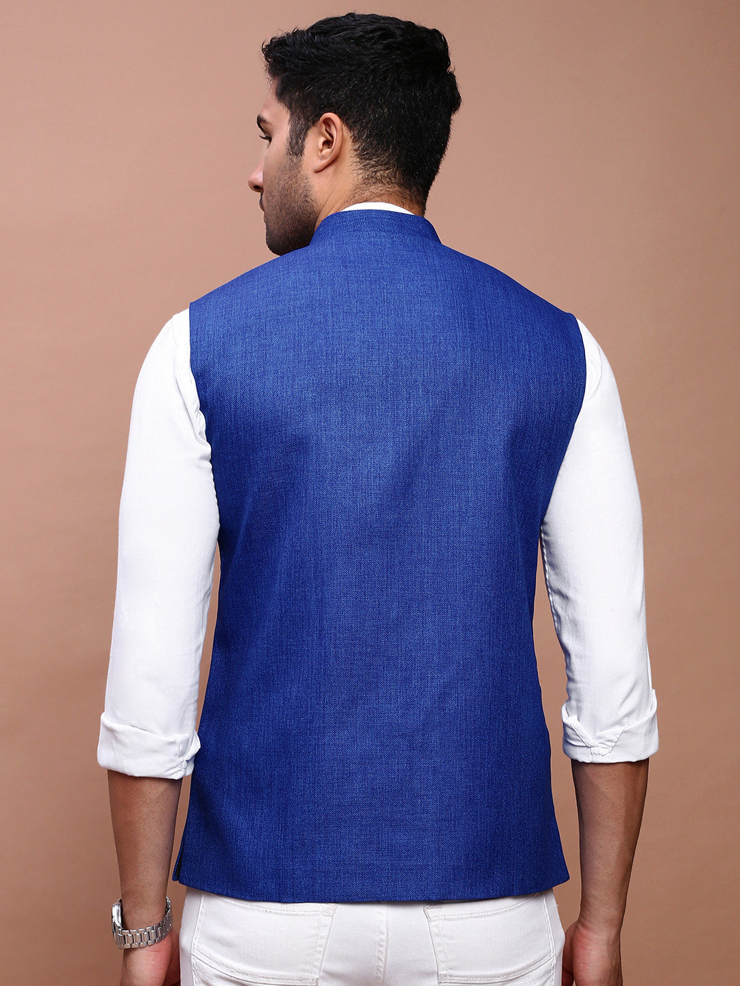 Men Solid Blue Slim Fit Nehru Jacket