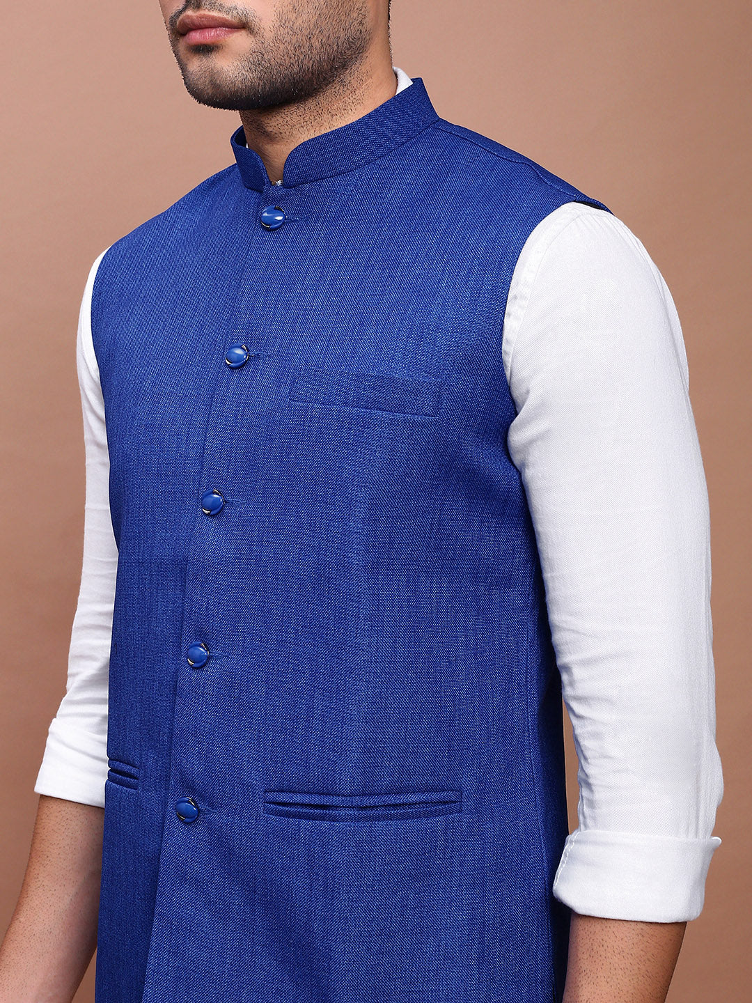 Men Solid Blue Slim Fit Nehru Jacket