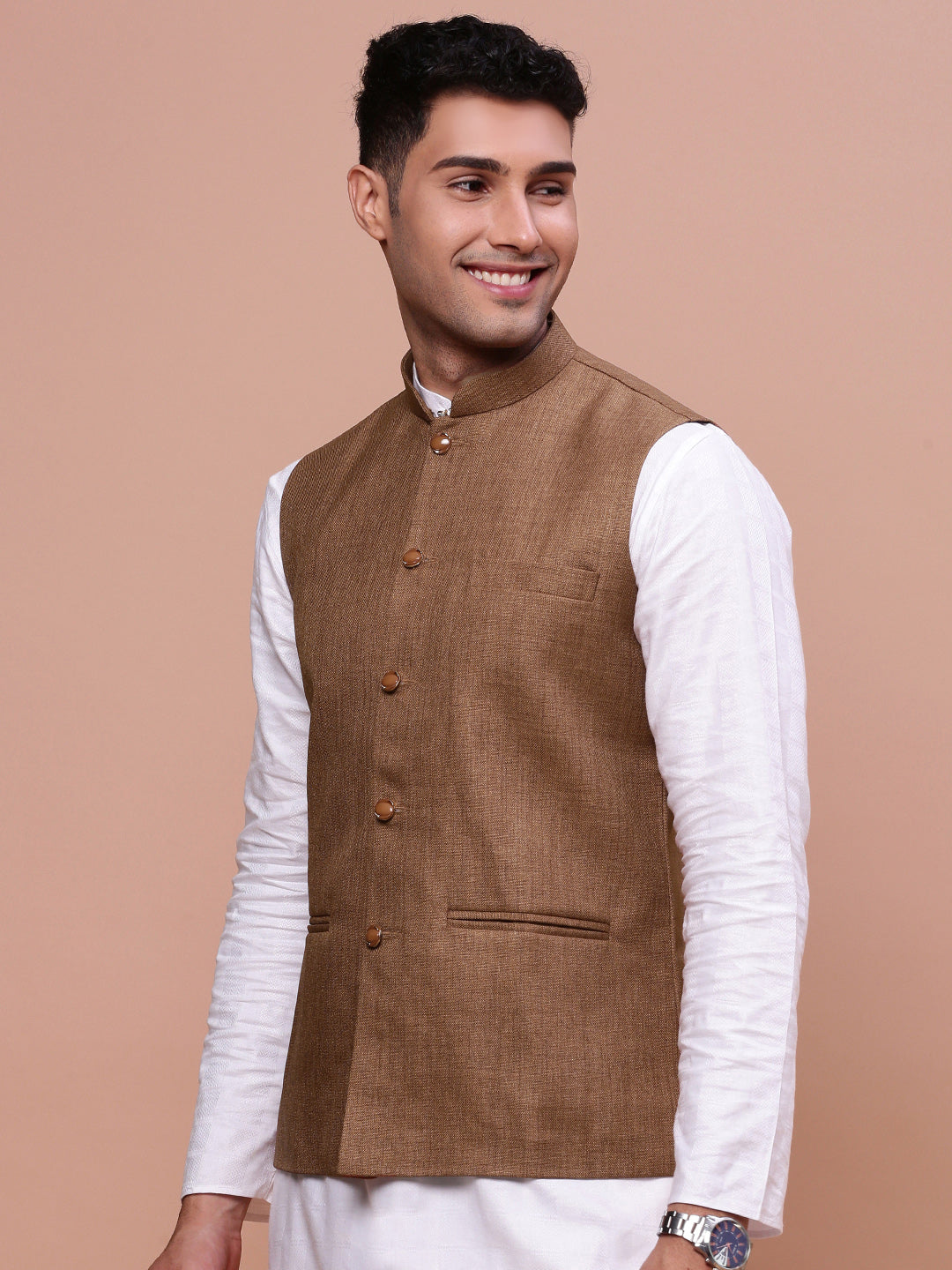 Men Solid Brown Slim Fit Nehru Jacket