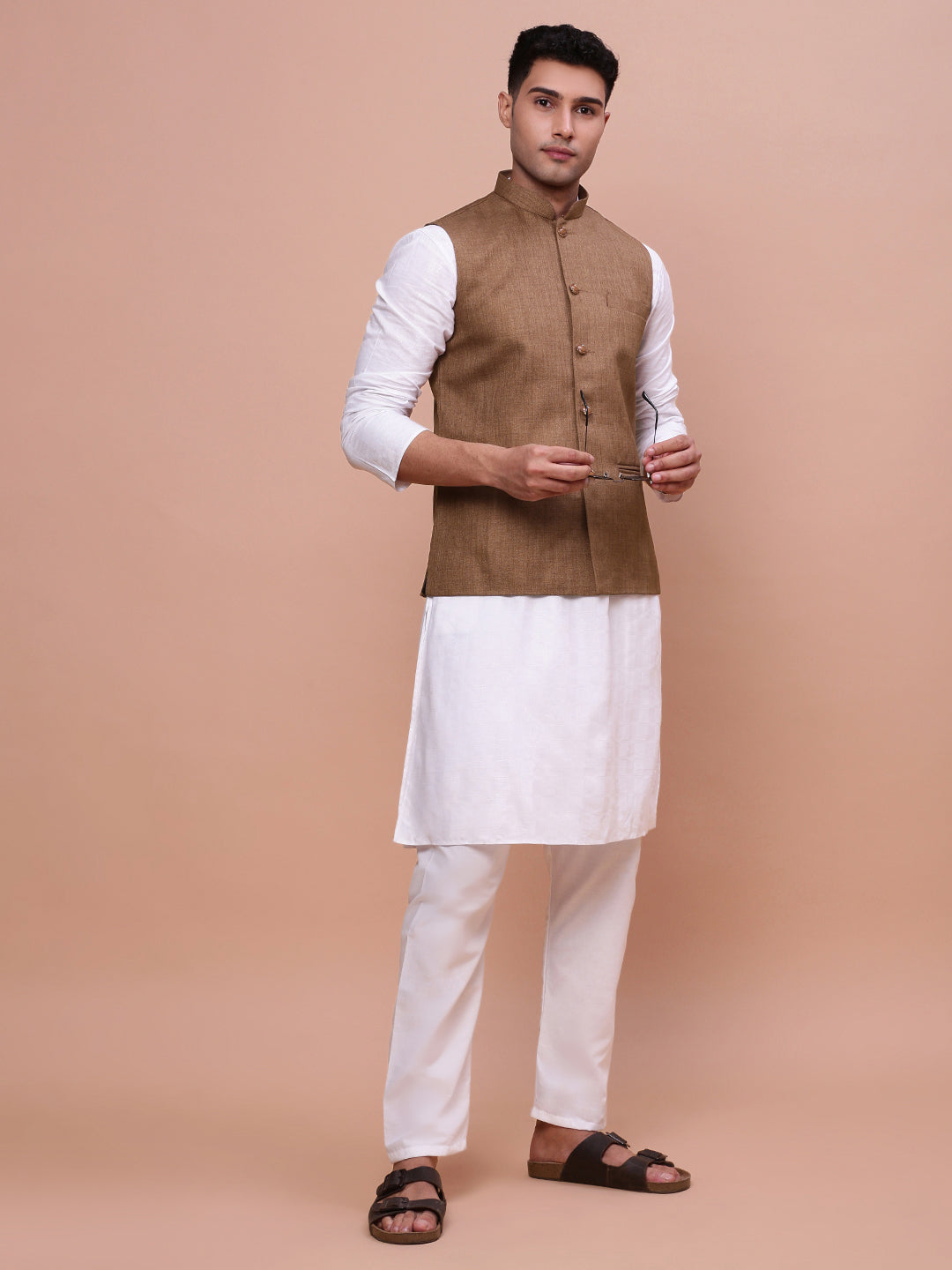 Men Solid Brown Slim Fit Nehru Jacket