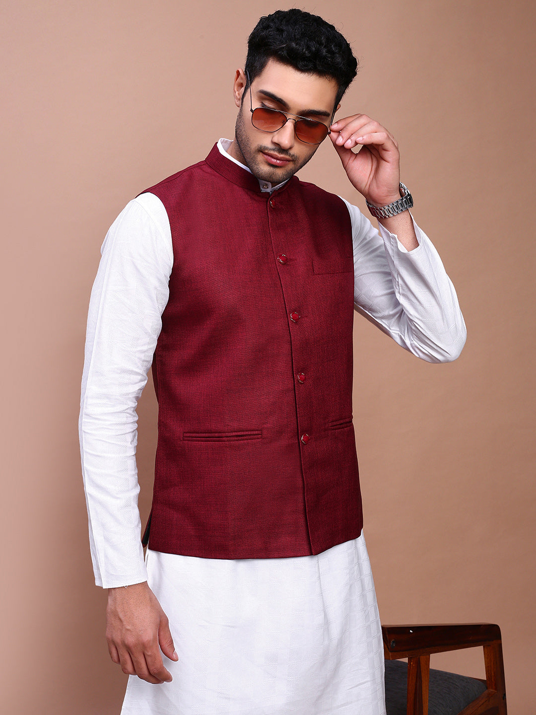 Men Solid Burgundy Slim Fit Nehru Jacket