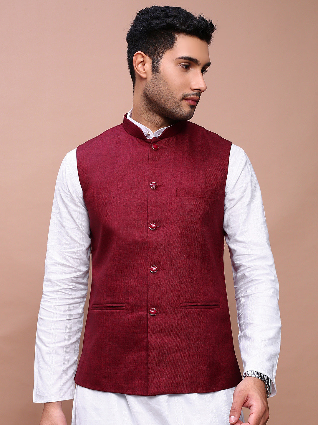 Men Solid Burgundy Slim Fit Nehru Jacket