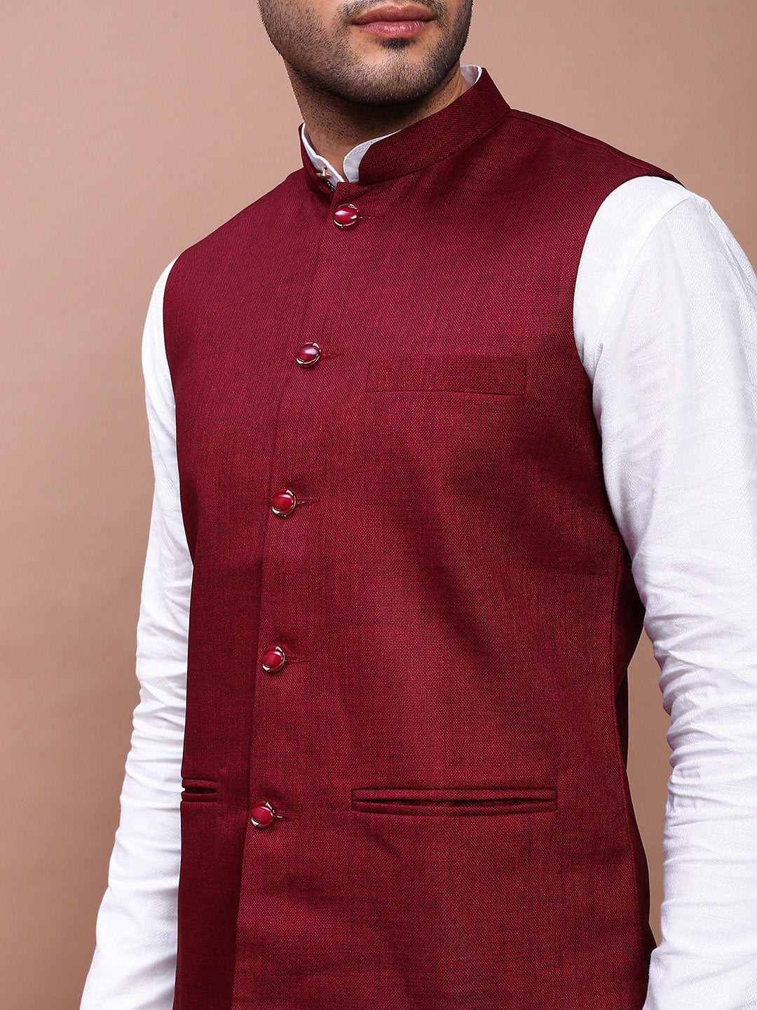 Men Solid Burgundy Slim Fit Nehru Jacket